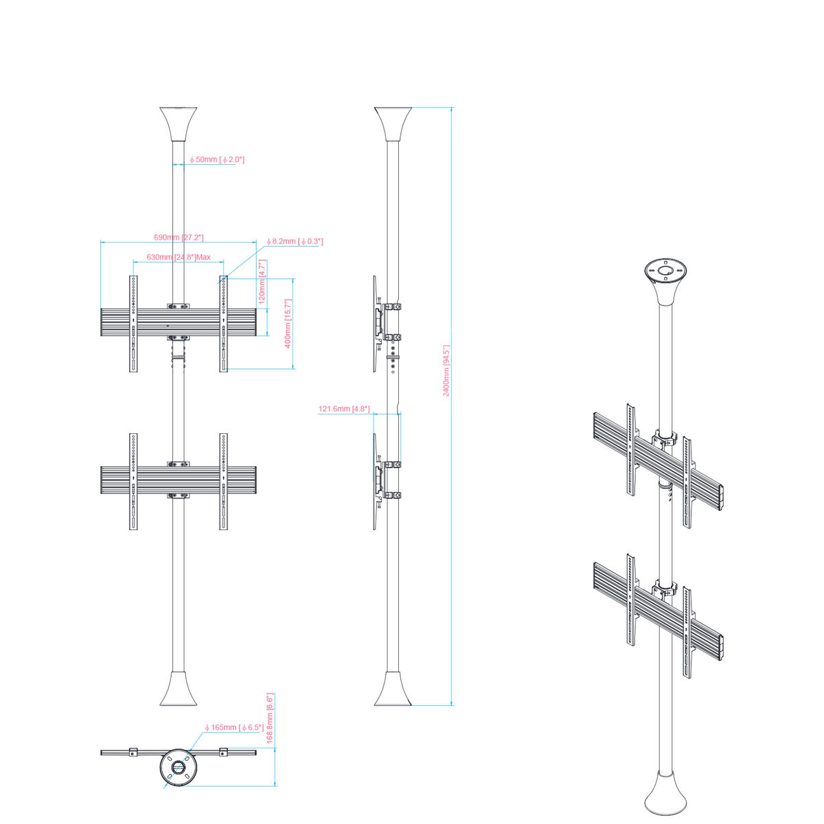 Dibujo técnico de un soporte de TV montado en el techo. Incluye dimensiones y ángulos.