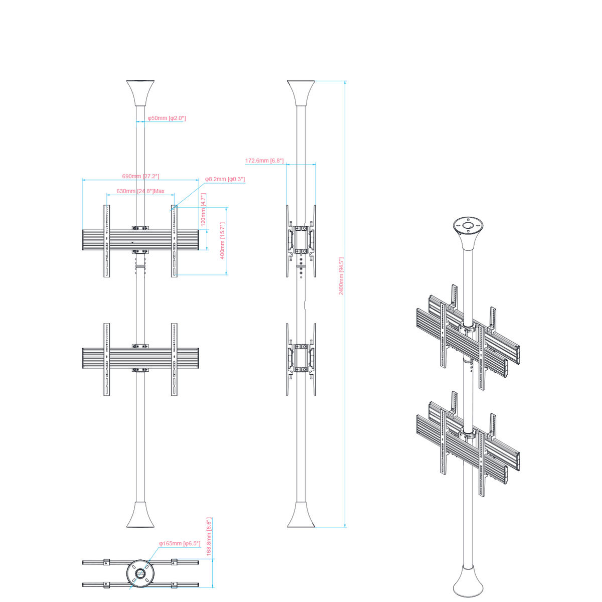 Dibujo técnico con dimensiones de un soporte de TV y sus componentes, fondo blanco.