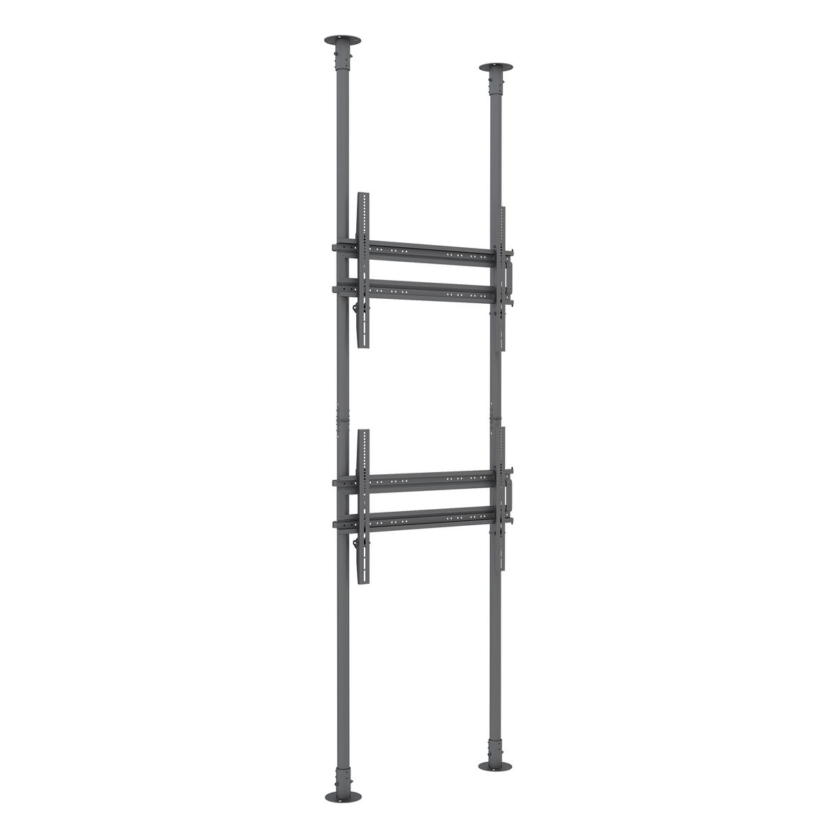 Dos soportes de TV montados en el techo en un poste vertical, con altura ajustable.