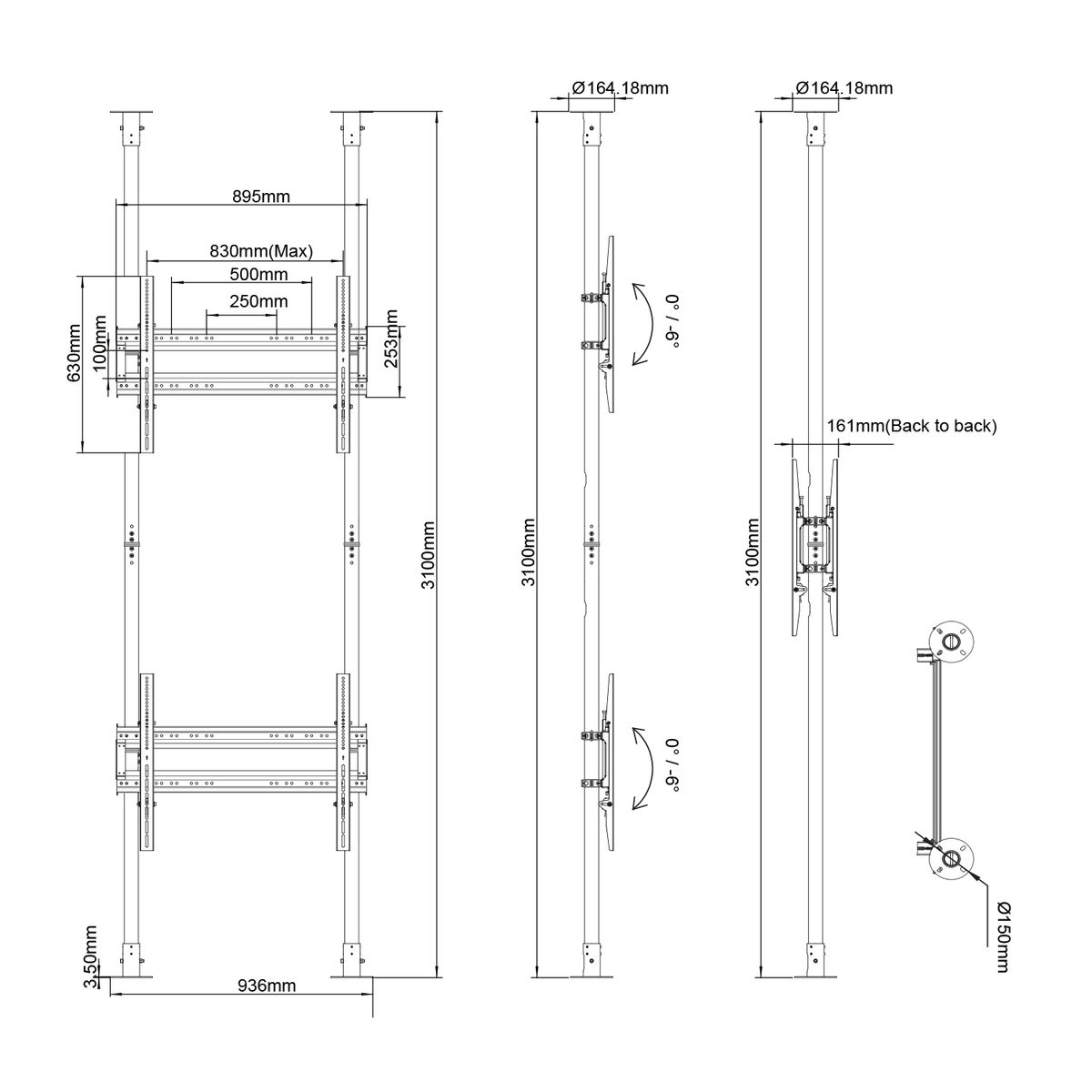 Dibujo técnico del sistema de montaje en pared. Se detallan dimensiones, medidas y ángulos. Fondo blanco.