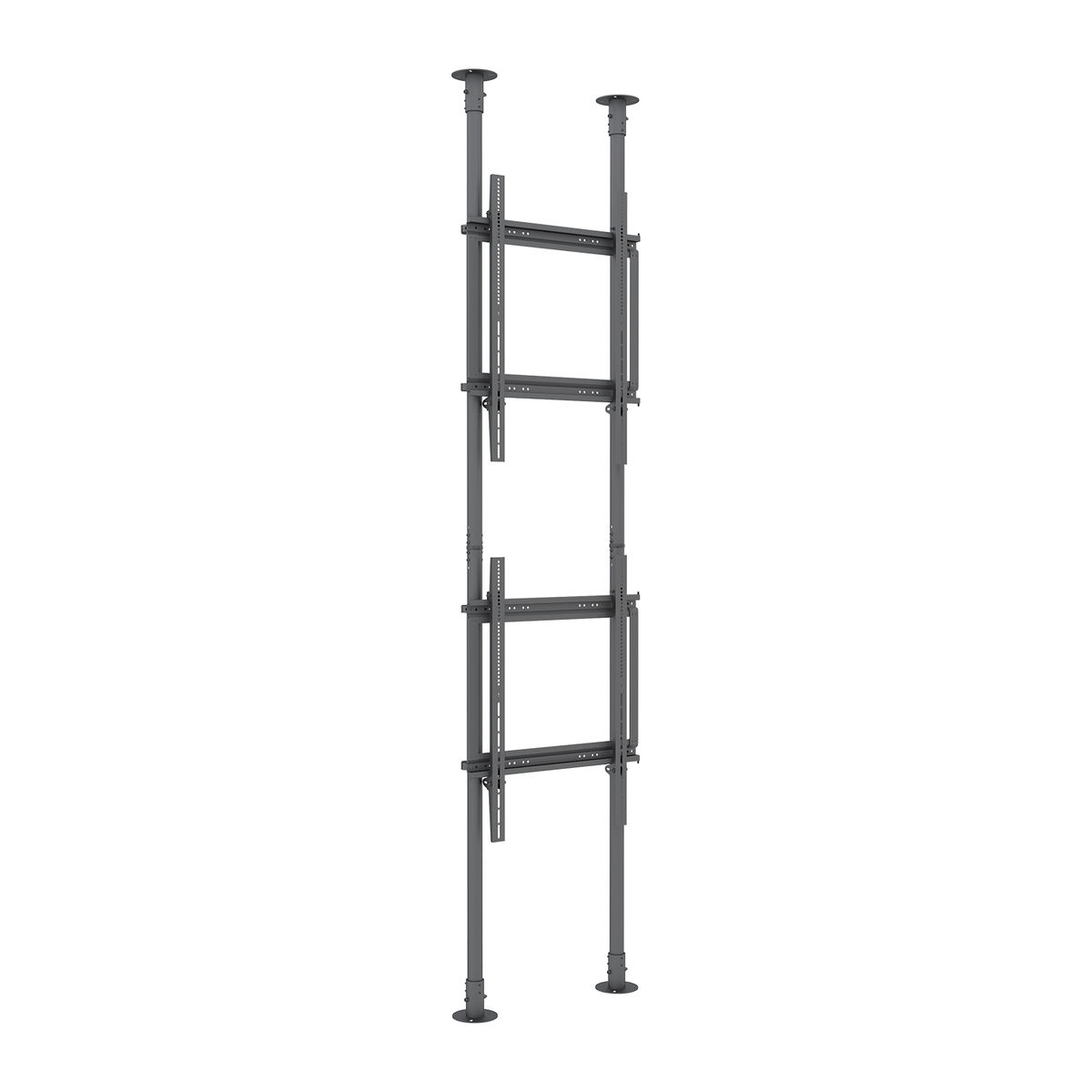 Montaje vertical de metal negro para dos televisores sobre fondo blanco. Se ven dos juegos de soportes.
