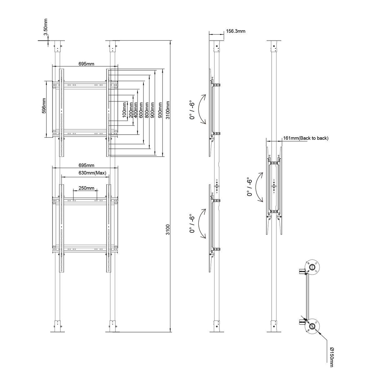 Dibujo técnico de un soporte de TV, con dimensiones y detalles de montaje.