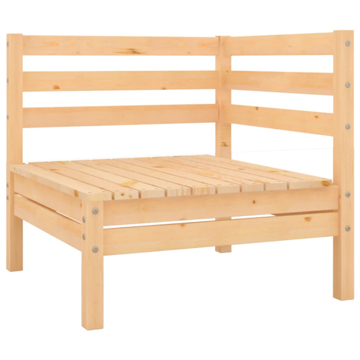 Eckstuhl aus Holz. Hellfarbiges Holz mit horizontalen Lamellen für Rücken- und Sitzlehne.