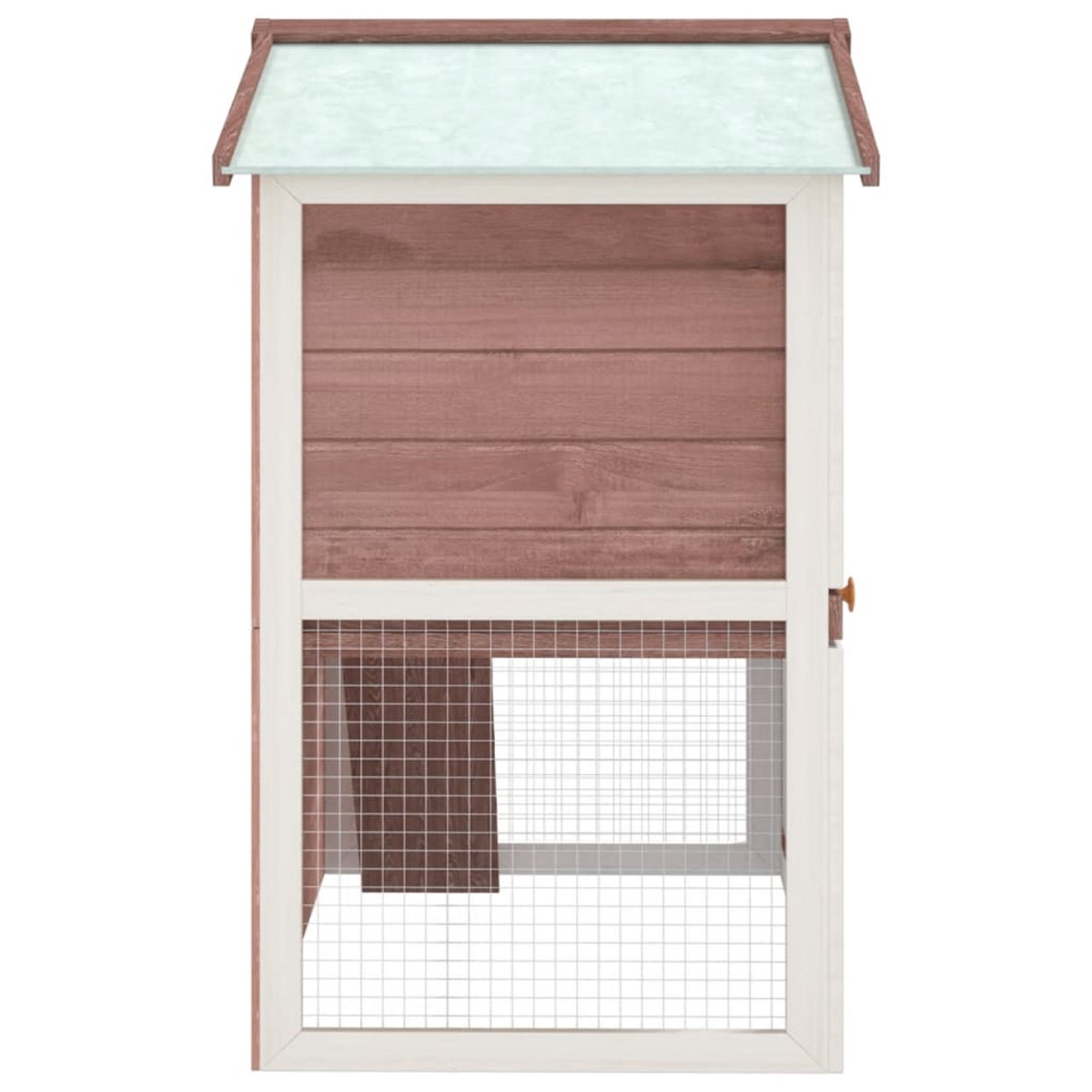 Hühnerstall aus Holz. Rotbraunes Holz mit weißer Verkleidung und einer Tür und einem Fenster aus Drahtgeflecht.