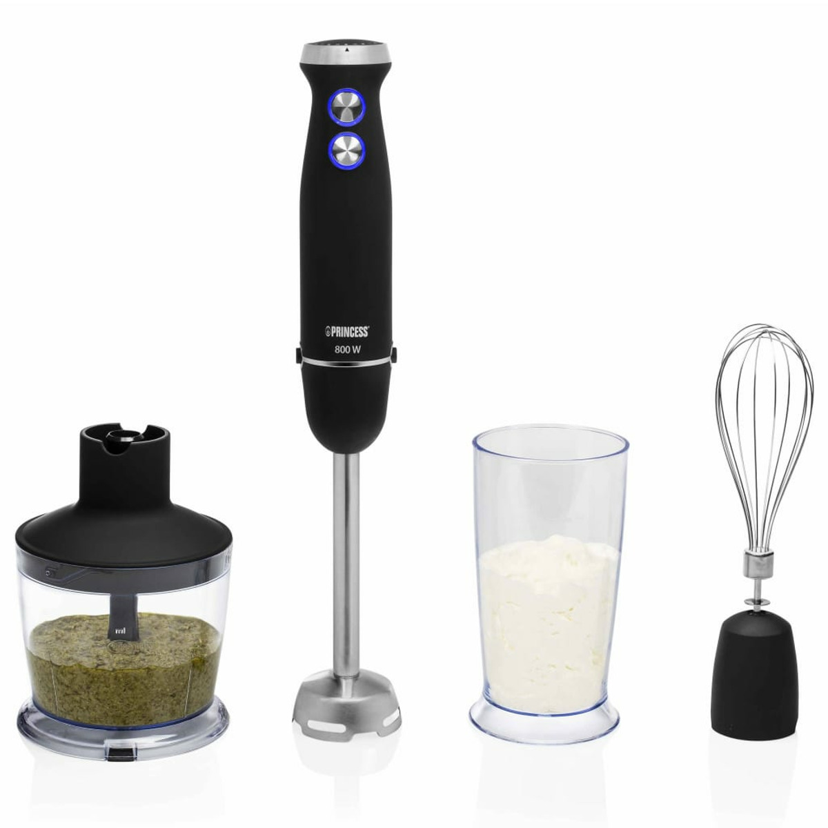 Czarny blender ręczny z akcesoriami. Zawiera kubek, trzepaczkę i procesor żywności.