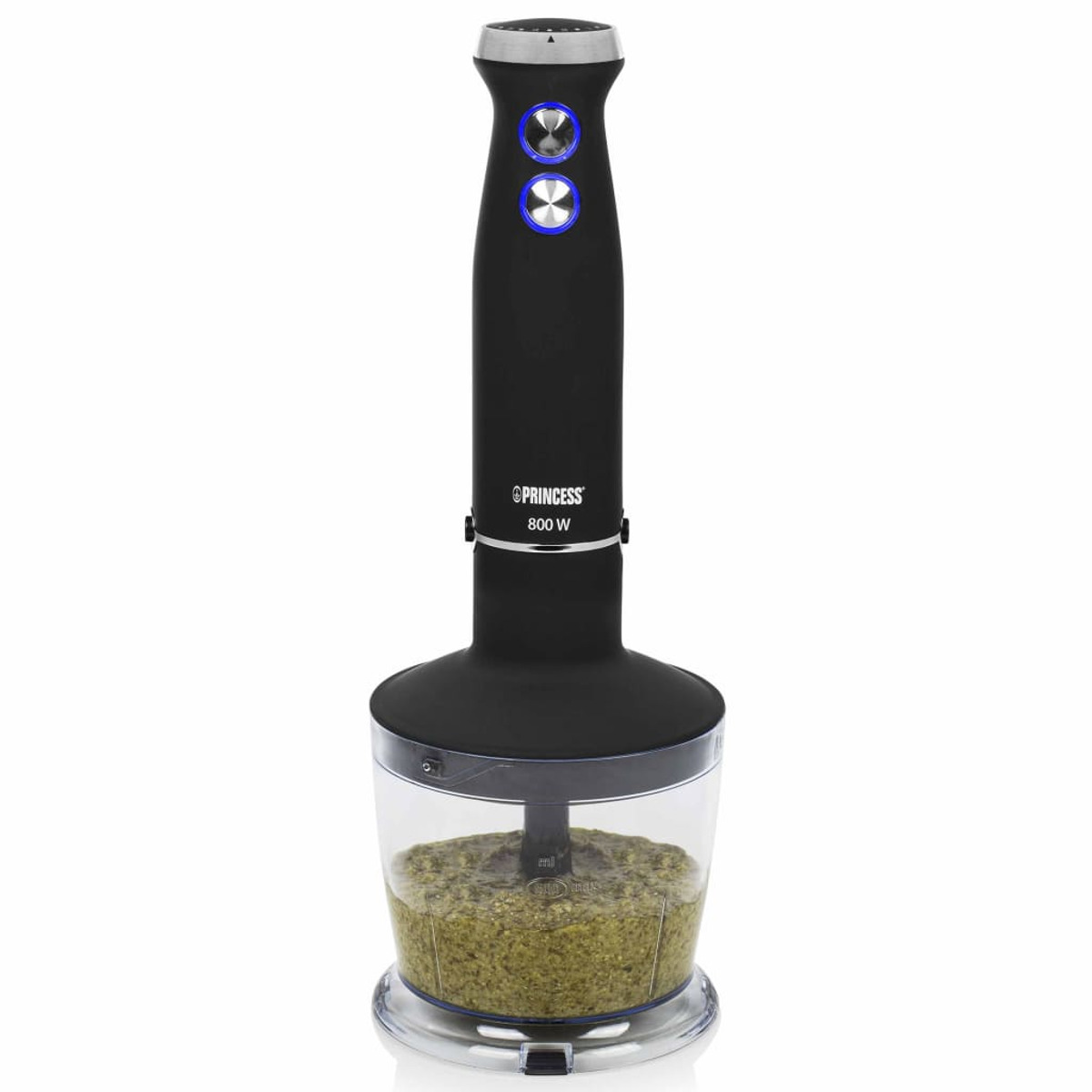 Czarny blender ręczny z przezroczystym pojemnikiem zawierającym zielone jedzenie. Niebieskie światła na uchwycie. Marka Princess.
