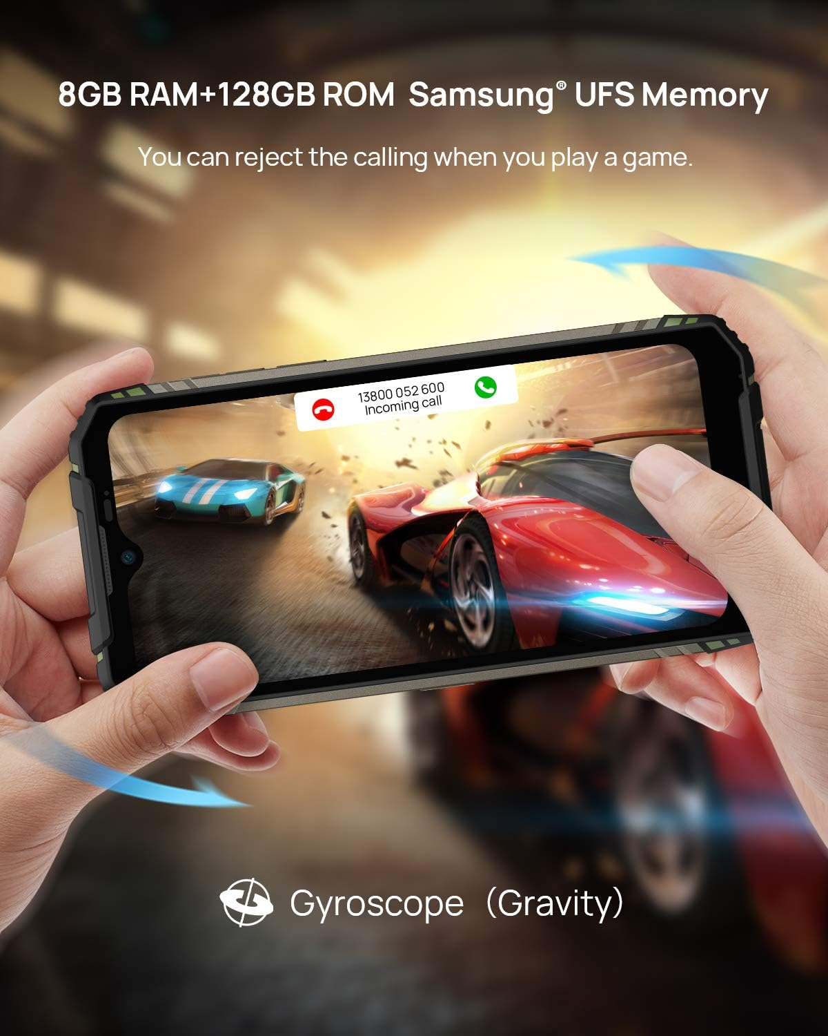 Telefon wyświetlający połączenie przychodzące z wyścigami samochodów, trzymany przez dłonie.