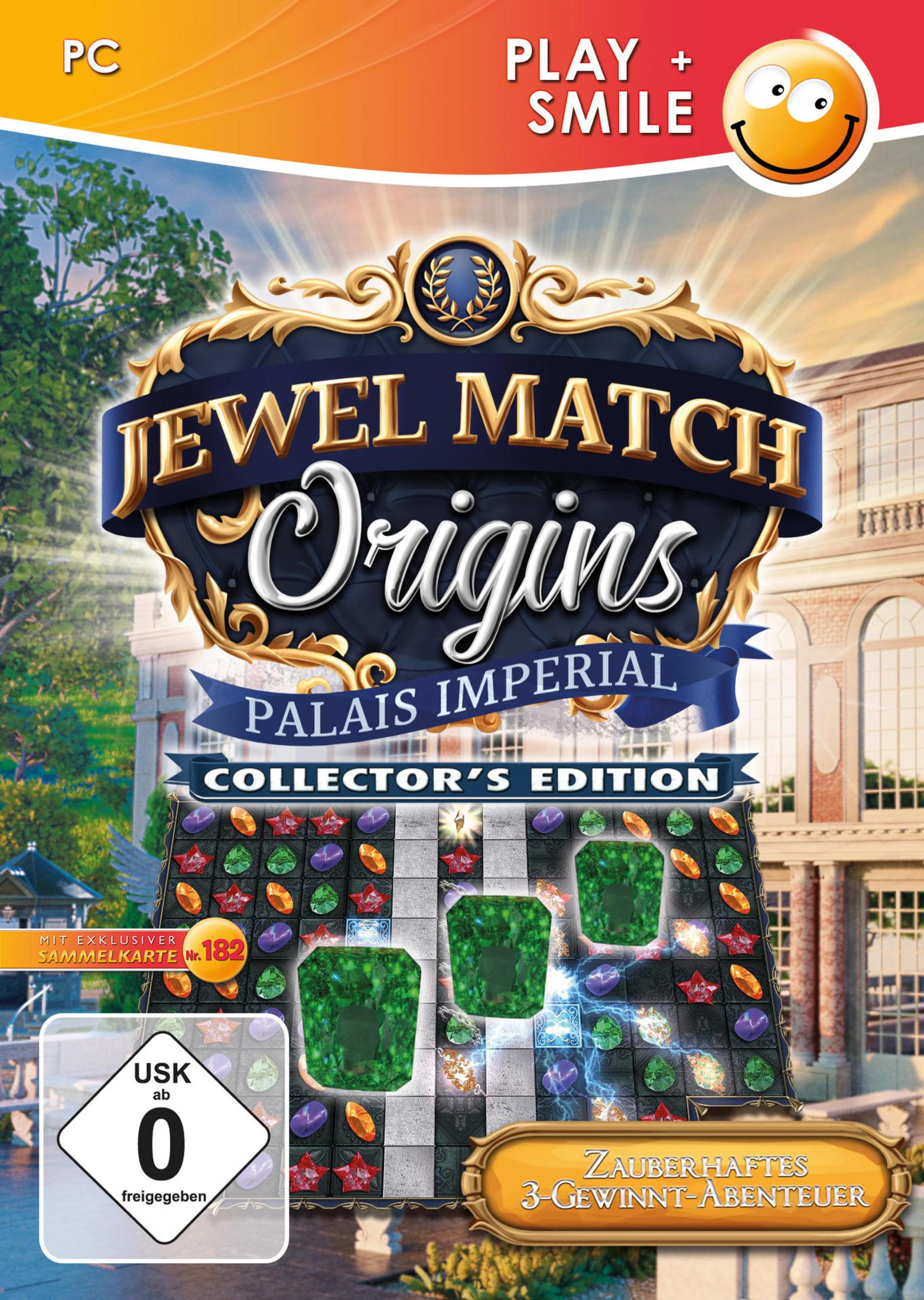 Spielbox-Art für 'Jewel Match Origins'. Enthält ein Schloss, Juwelen und den Spieletitel.