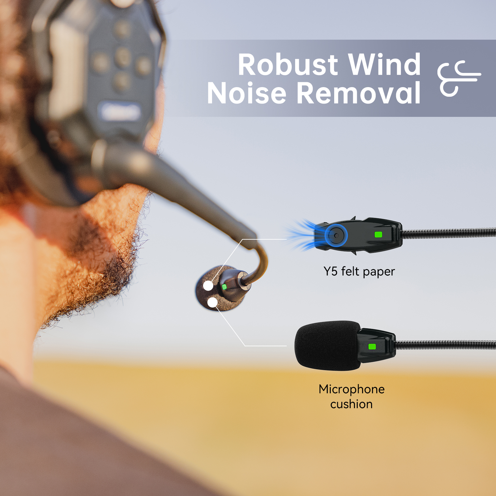 Primer plano de un auricular con funciones de eliminación de ruido, que incluye una almohadilla para el micrófono y una pieza de fieltro.