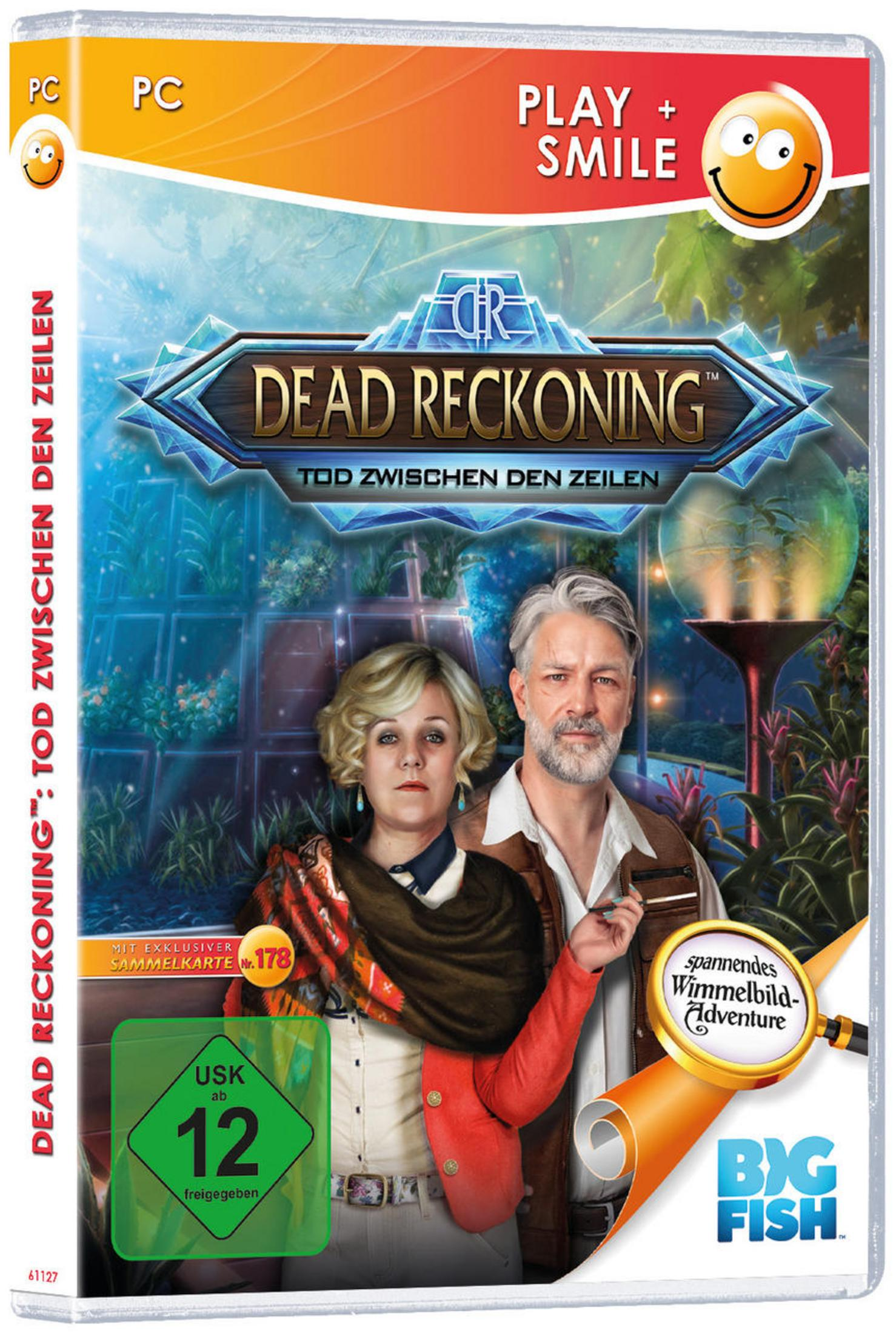 Spielbox: Dead Reckoning, zwei Personen, blauer Hintergrund. Big Fish Games Logo.