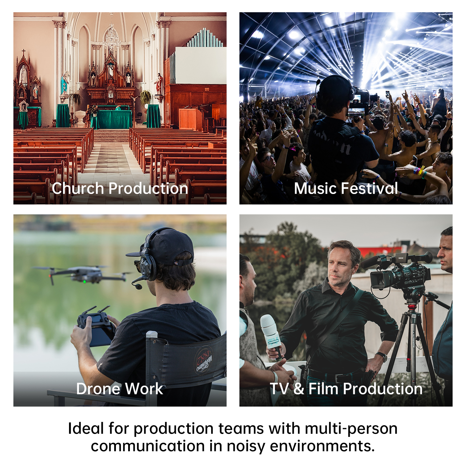 Cuatro imágenes: producción de iglesia, festival de música, trabajo con drones y producción de TV y cine.