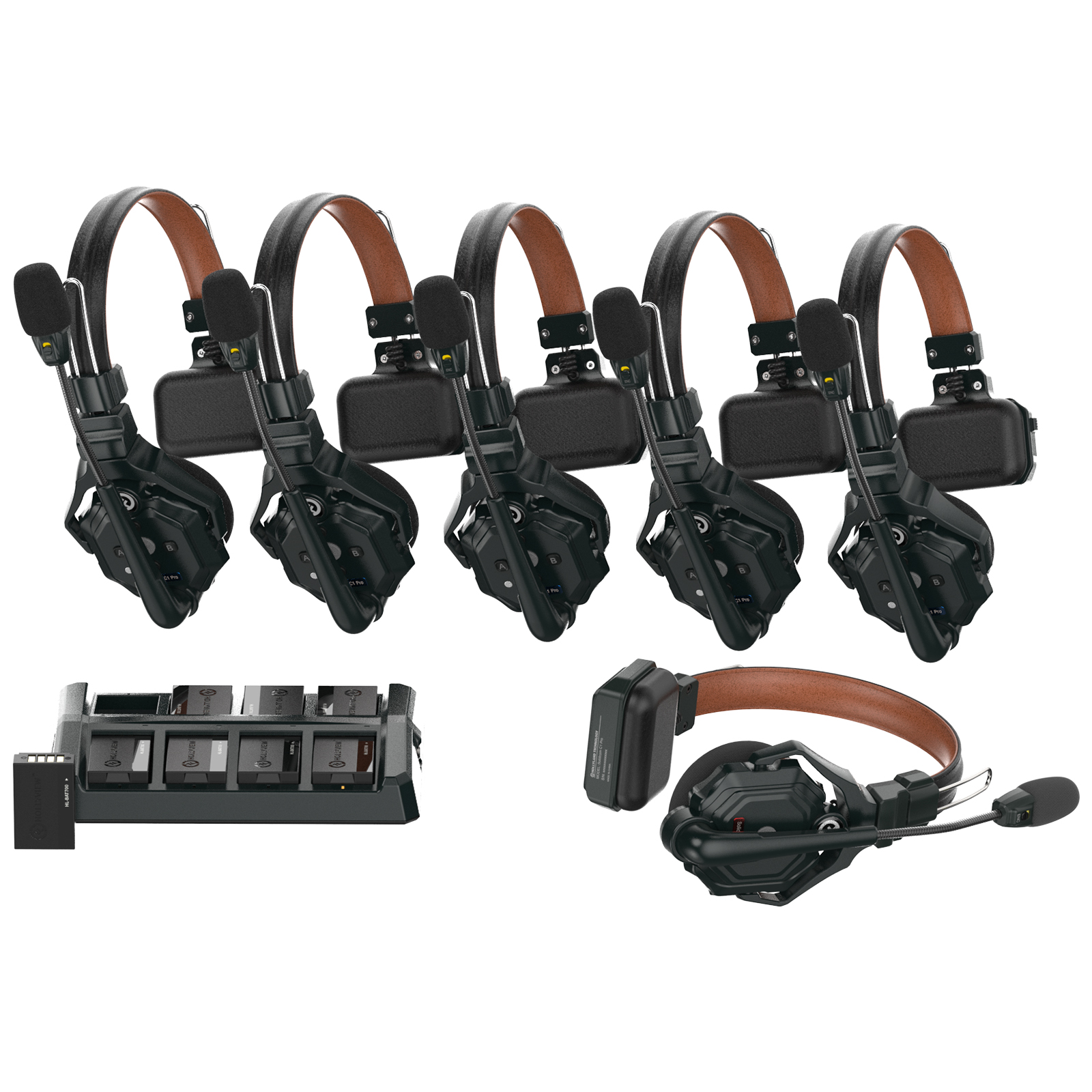 Múltiples juegos de auriculares negros con diademas marrones. Una estación de carga y baterías de repuesto visibles.
