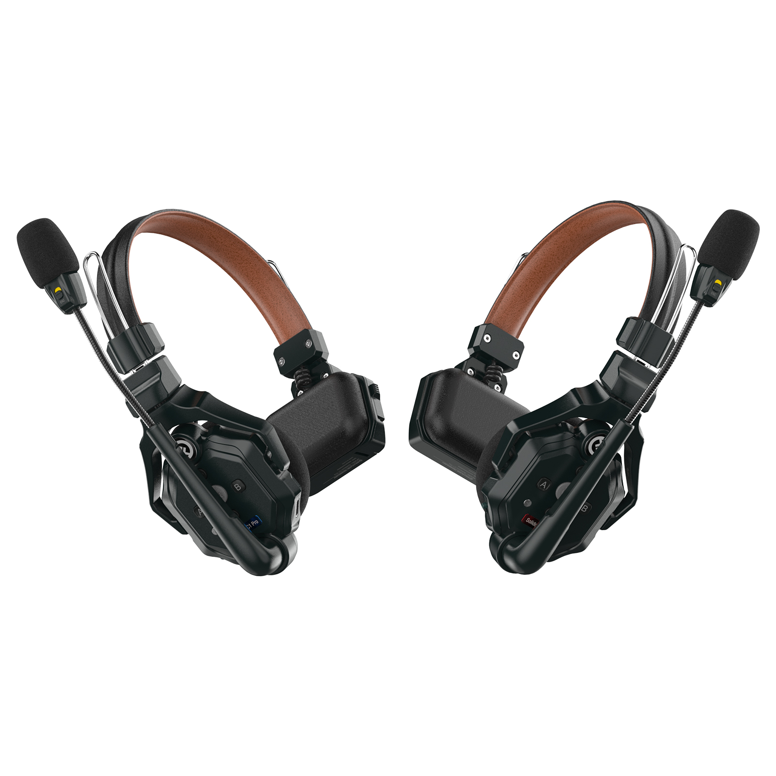 Auriculares Bluetooth. Negro con diadema marrón y dos micrófonos.