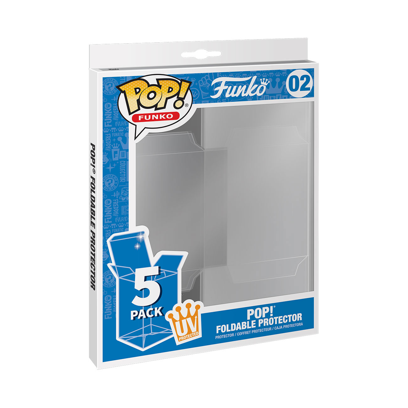 Weiße Funko Pop!-Box mit klarer Front, die einen faltbaren Schutz für eine Sammlerfigur zeigt.