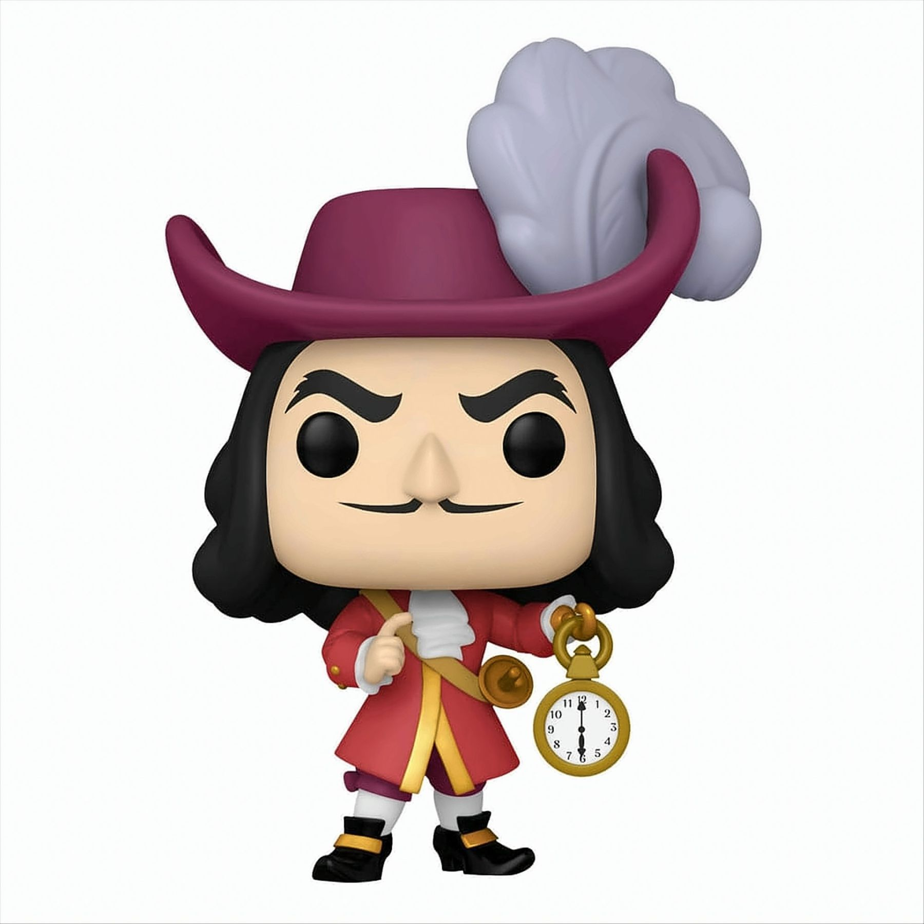 Personaggio Funko Pop di Capitan Uncino. Indossa un cappotto rosso e un cappello con una piuma.