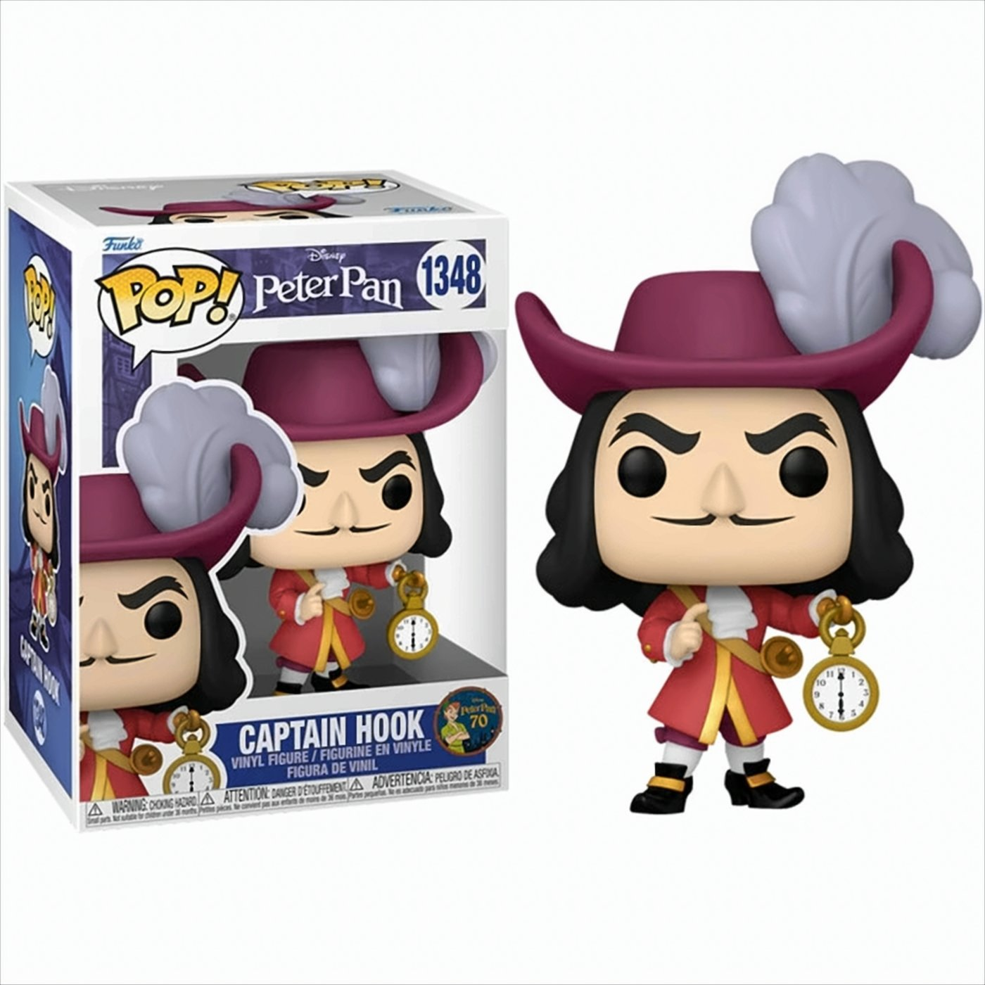 Figura Funko Pop di Capitan Uncino nella scatola. Uncino tiene un orologio.