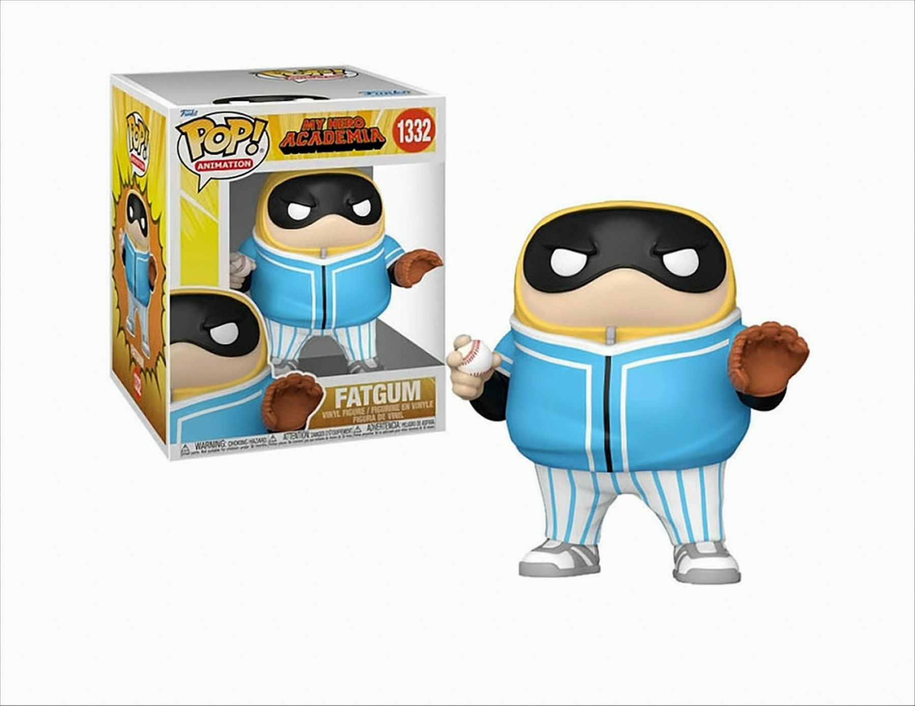 Funko Pop Figur von Fatgum aus My Hero Academia, mit Box und Figur, die einen Baseball und einen Handschuh hält.
