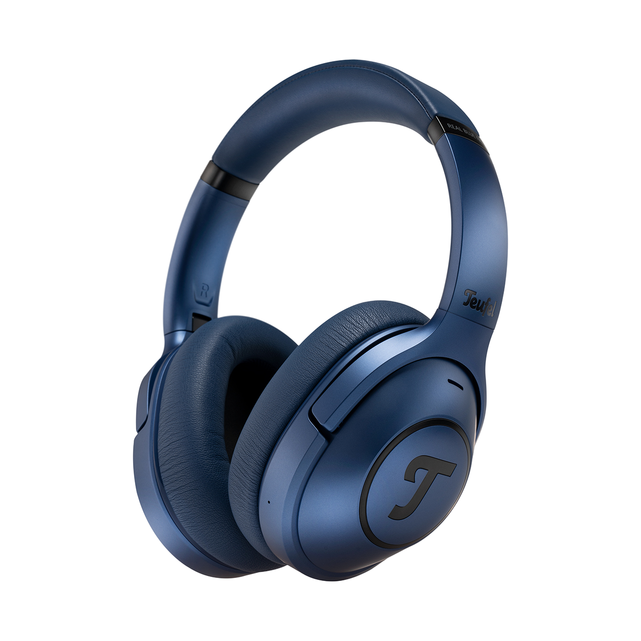 Blaue Kopfhörer mit Teufel-Logo, Over-Ear-Design. Schwarzer Hintergrund.