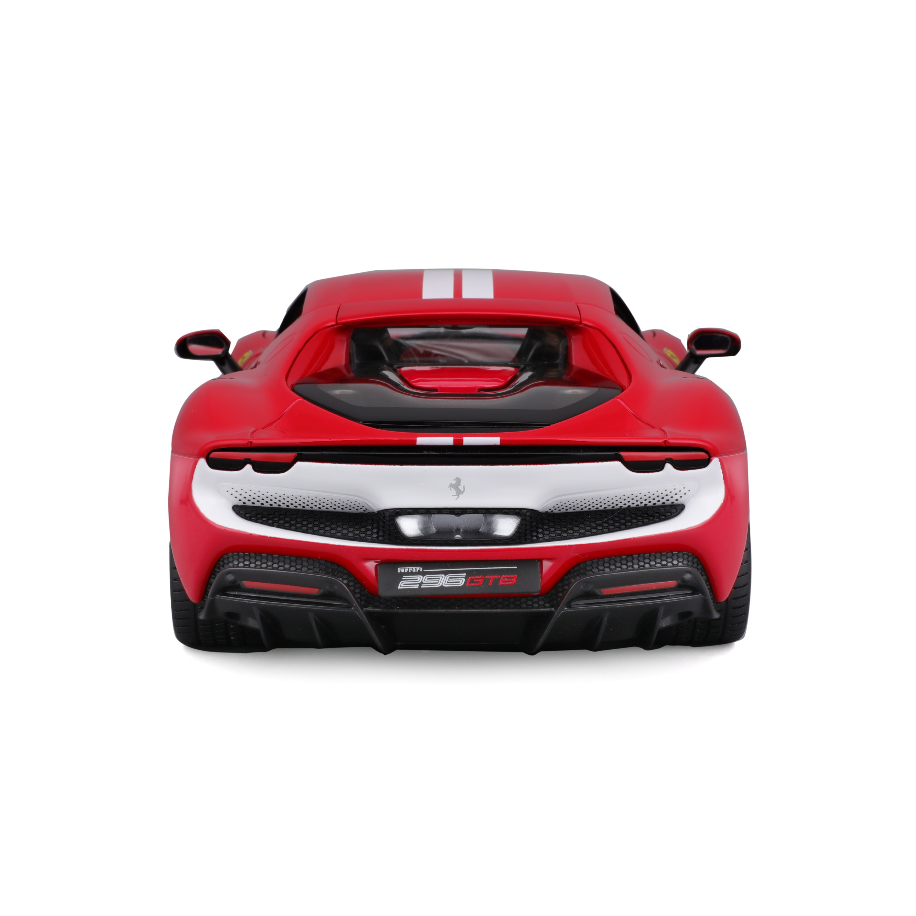 Czerwony samochód sportowy Ferrari 296 GTB z tyłu, białe paski na górze.