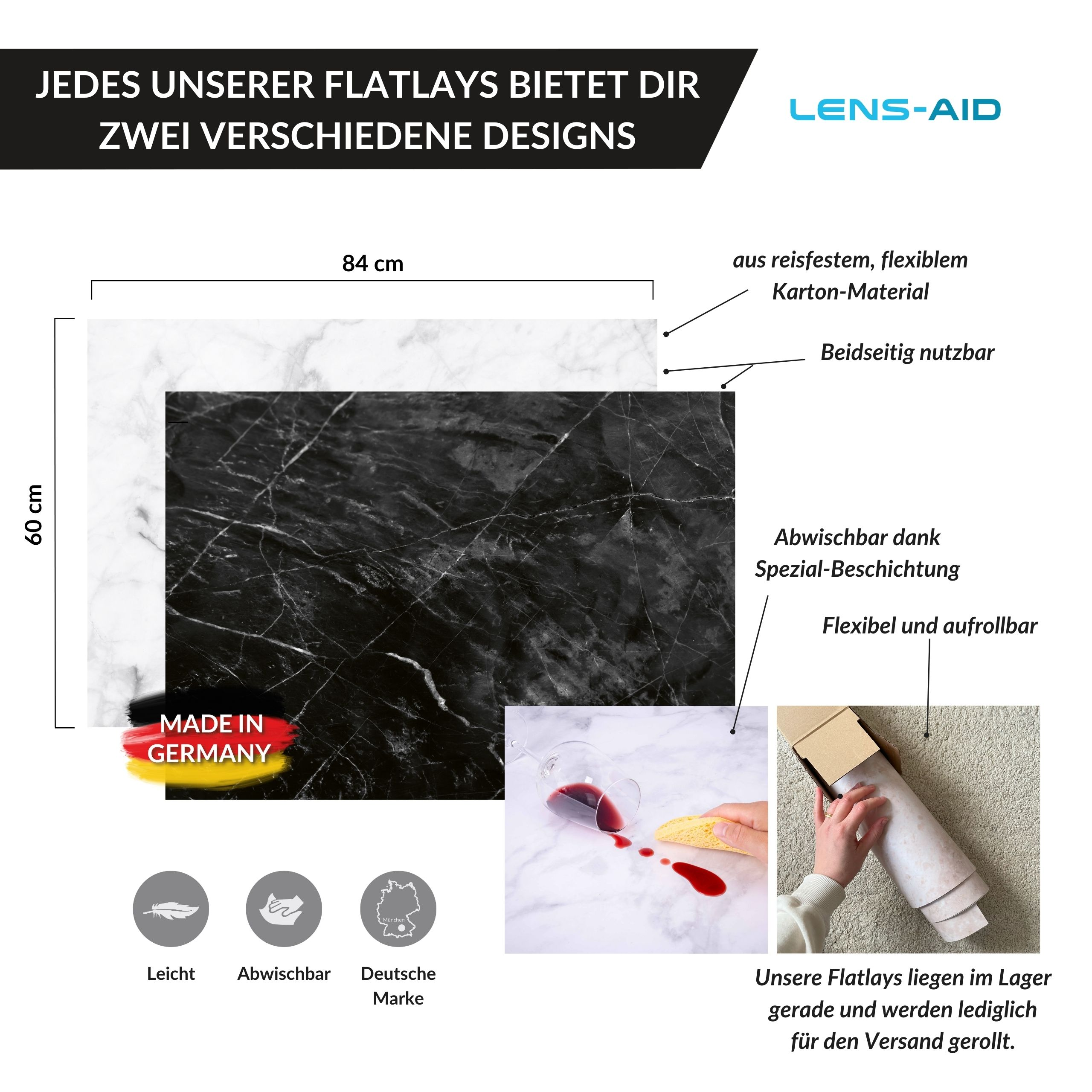 Flatlay mit schwarz-weißem Marmor, Text und Produktdetails.