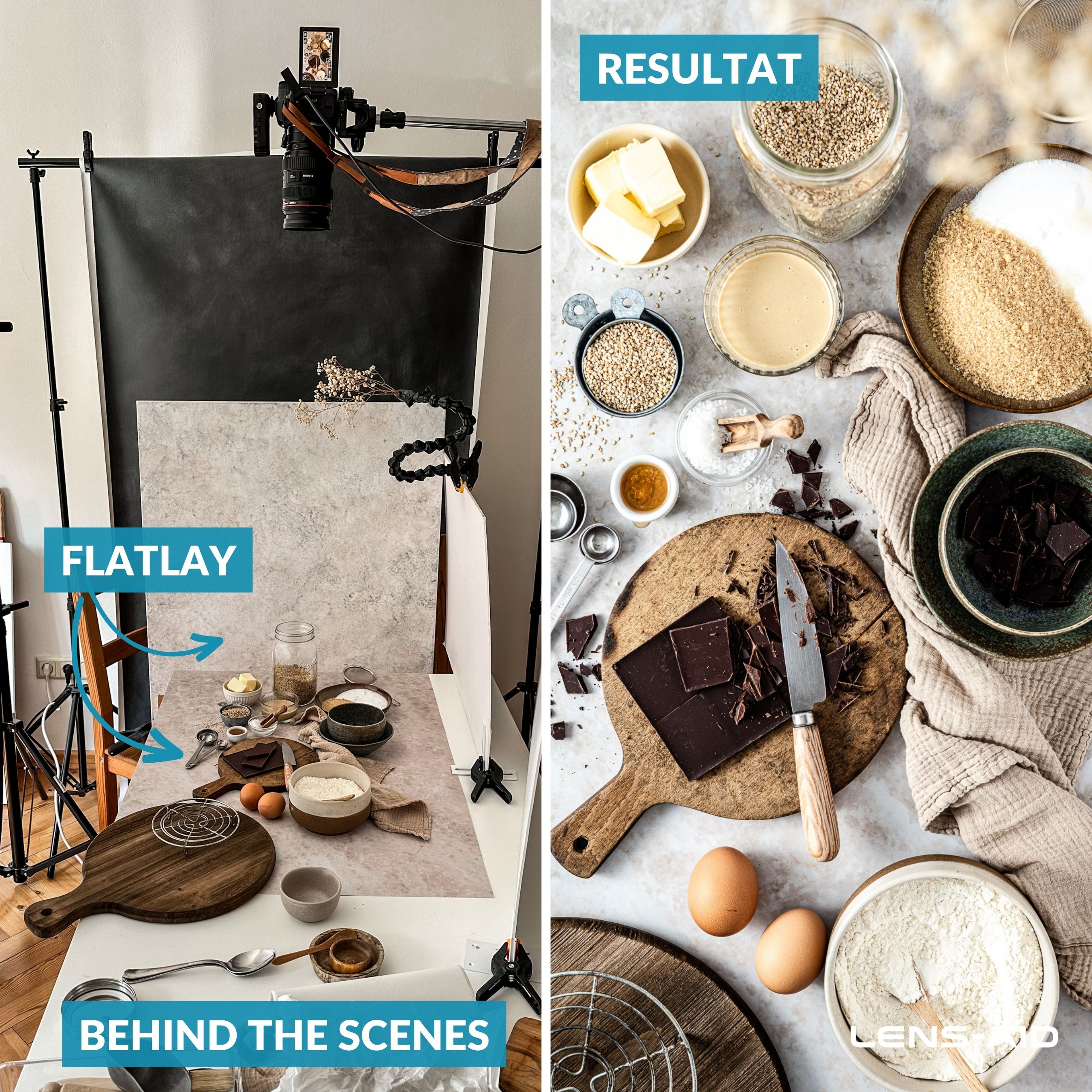 Zwei Bilder: ein Flatlay-Setup und ein fertiges Food-Foto. Zutaten und Werkzeuge sind sichtbar.