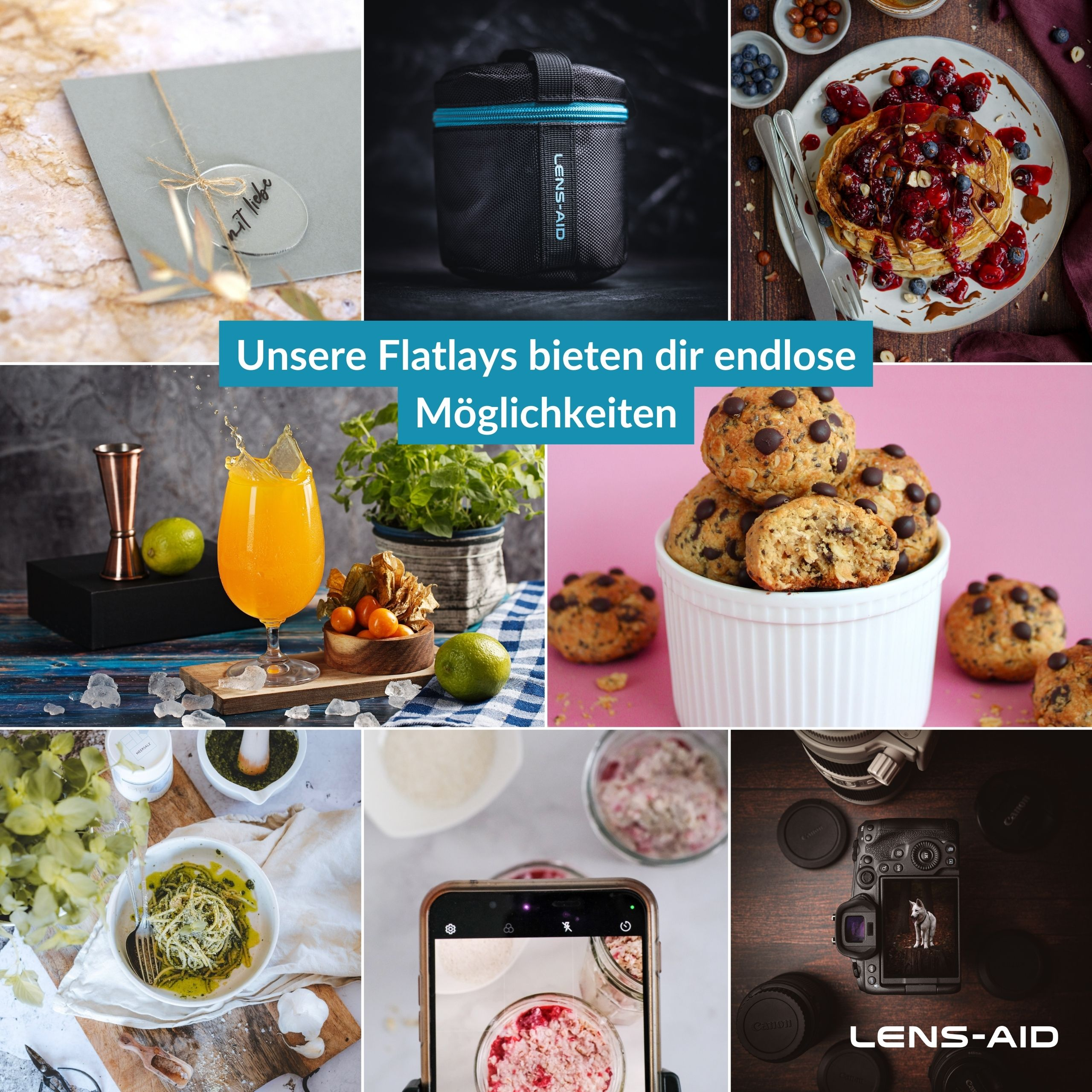 Eine Collage aus Essen und Fotoartikeln mit deutschem Text.