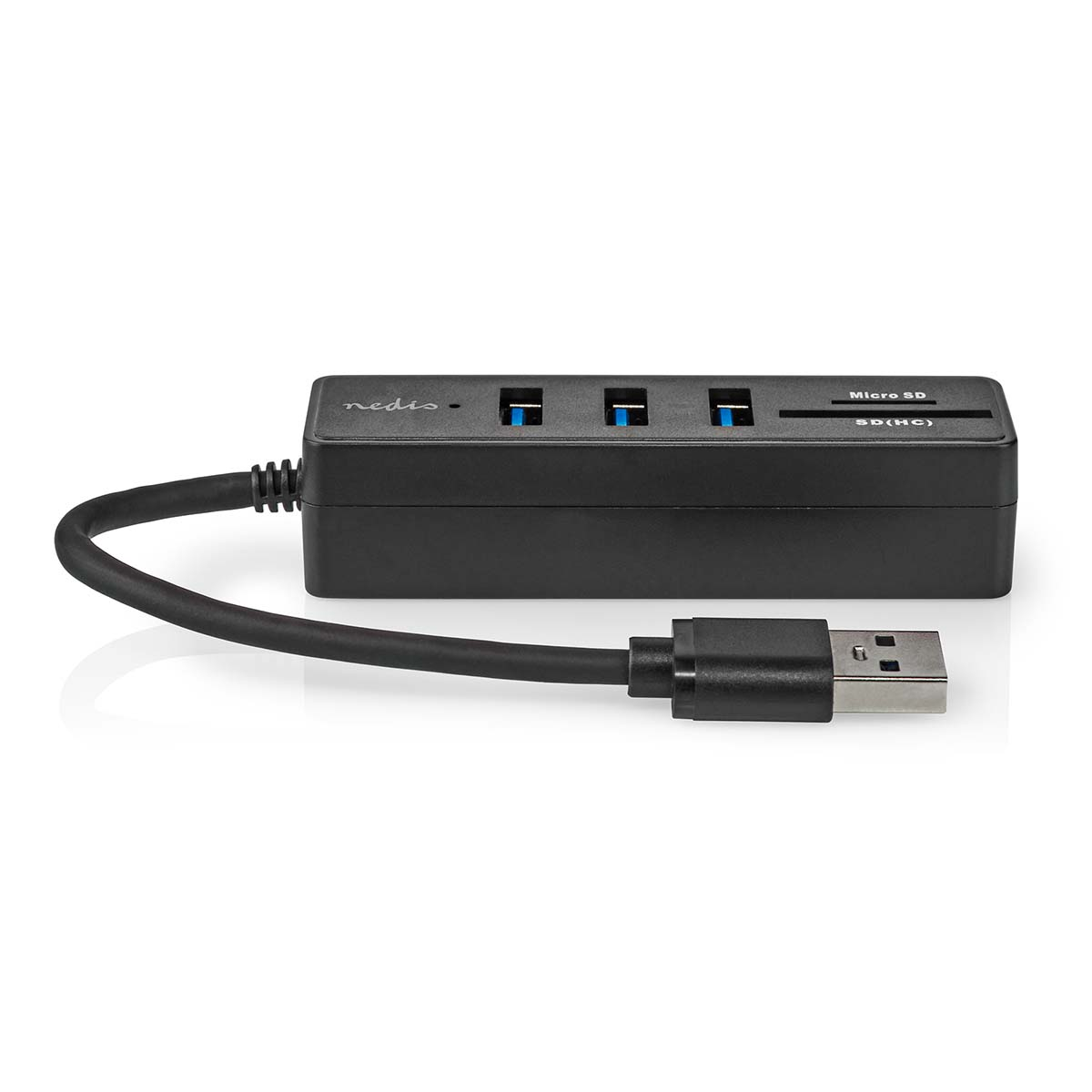 Zwarte USB-hub met USB- en SD-kaartsleuven, met een zwarte USB-kabel.