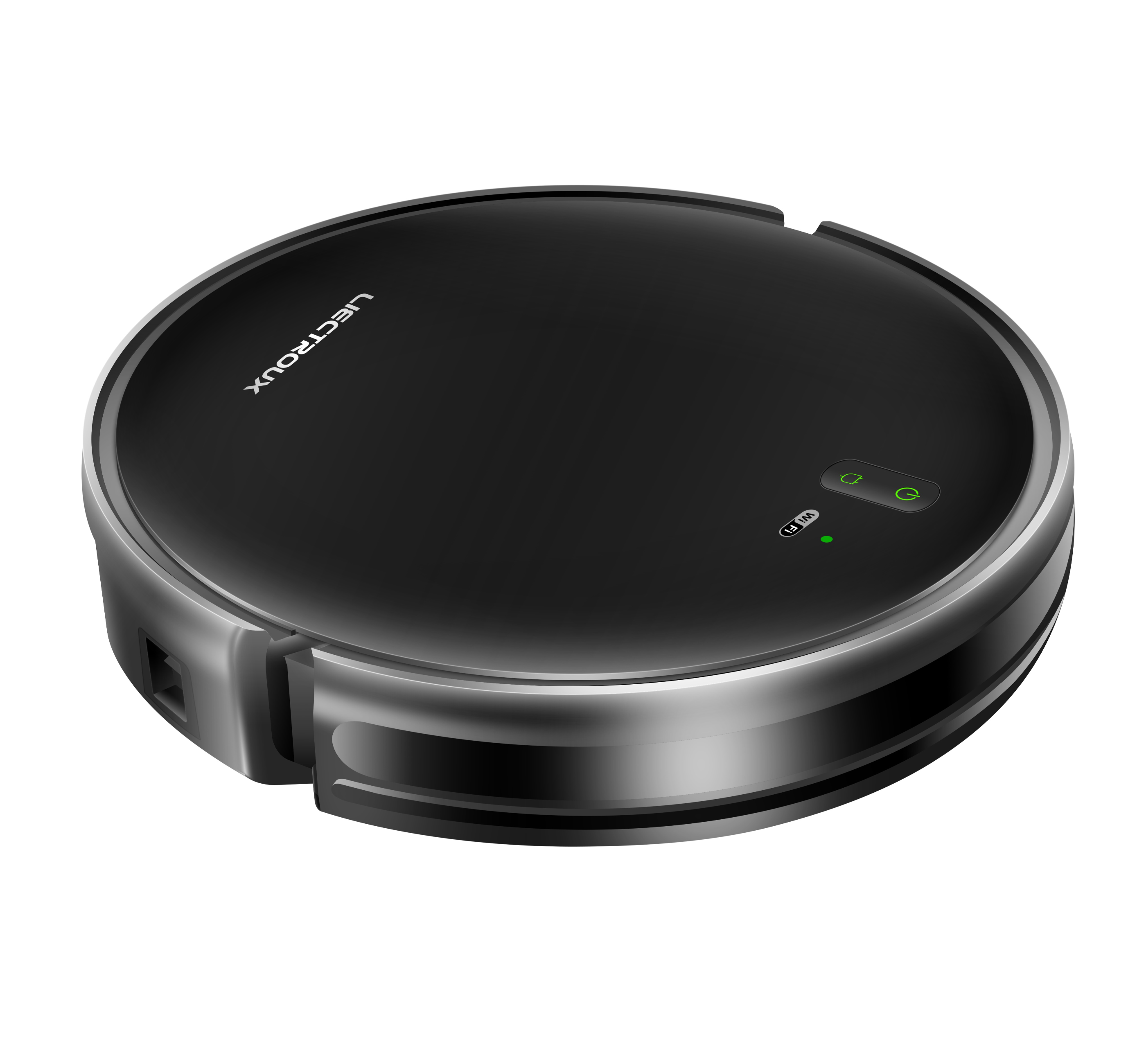 Ein schwarzer, runder Roboter-Staubsauger mit silbernem Rand und zwei Knöpfen oben.