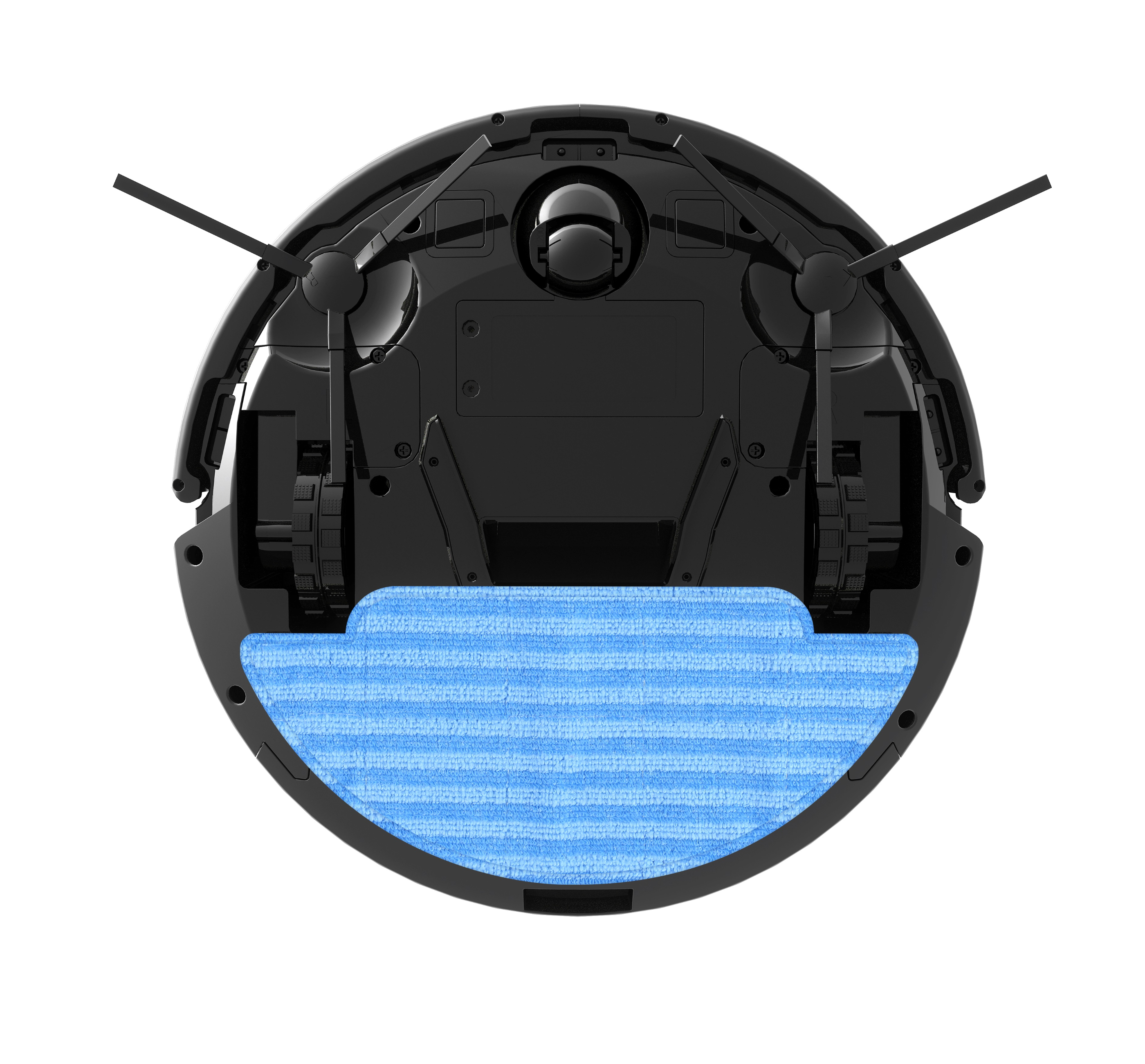 Ein schwarzer Roboter-Staubsauger mit einem blauen Wischpad an der Unterseite und schwarzen Bürsten.