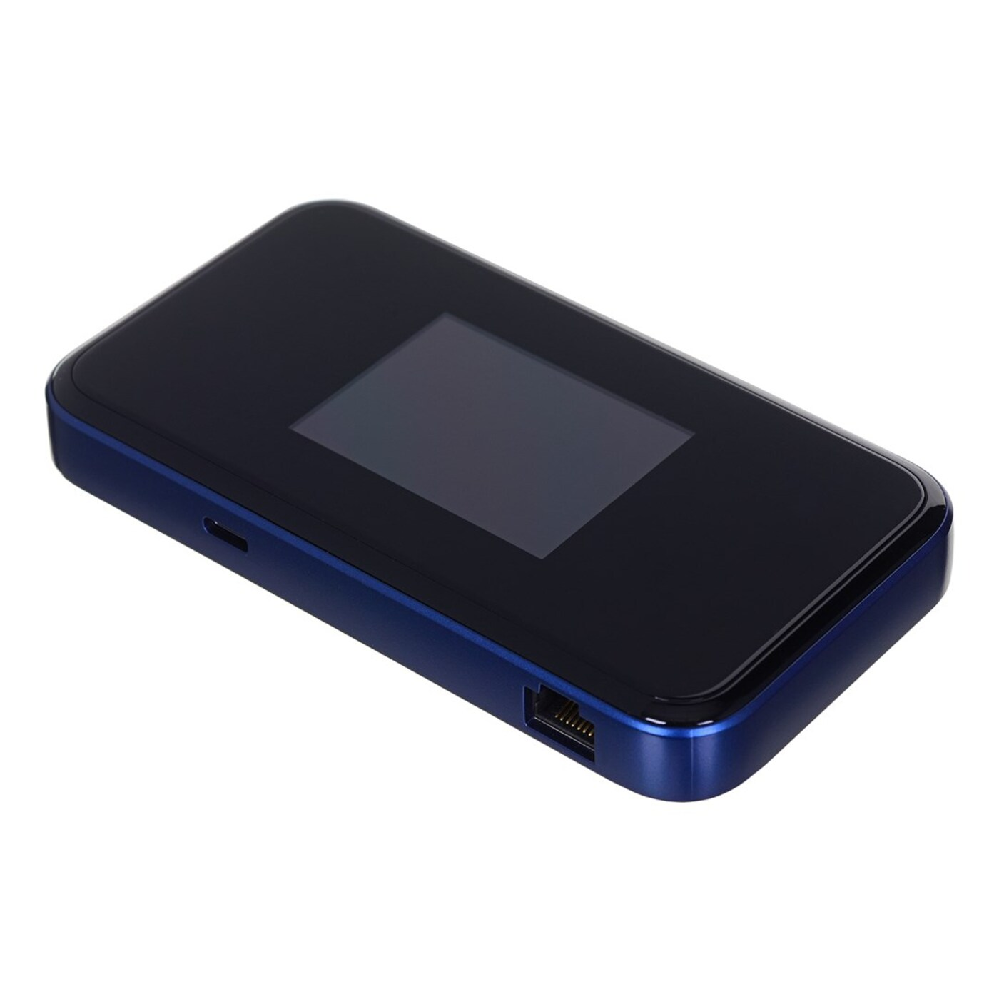 Mały czarny i niebieski prostokąt. Ma ekran i port ładowania.