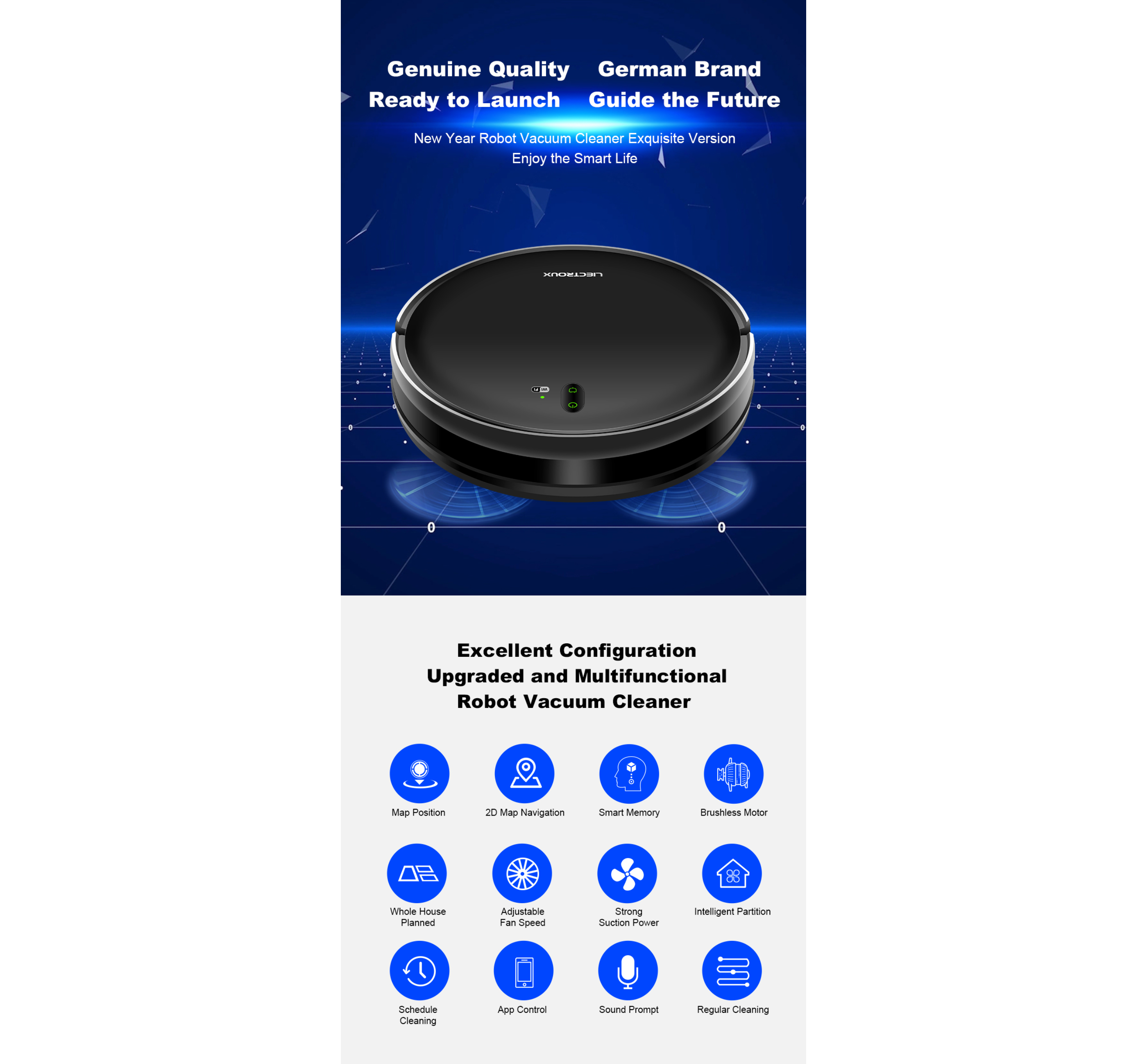 Roboter-Staubsauger, schwarz und rund. Zeigt Informationen über seine Funktionen und Merkmale.
