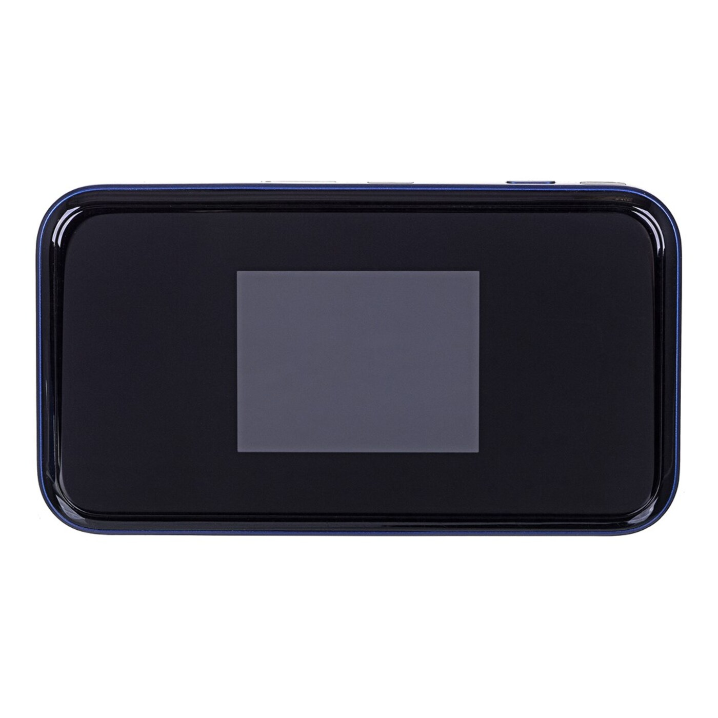 Czarny mobilny router Wi-Fi z ekranem, niebieską ramką, białym tłem.