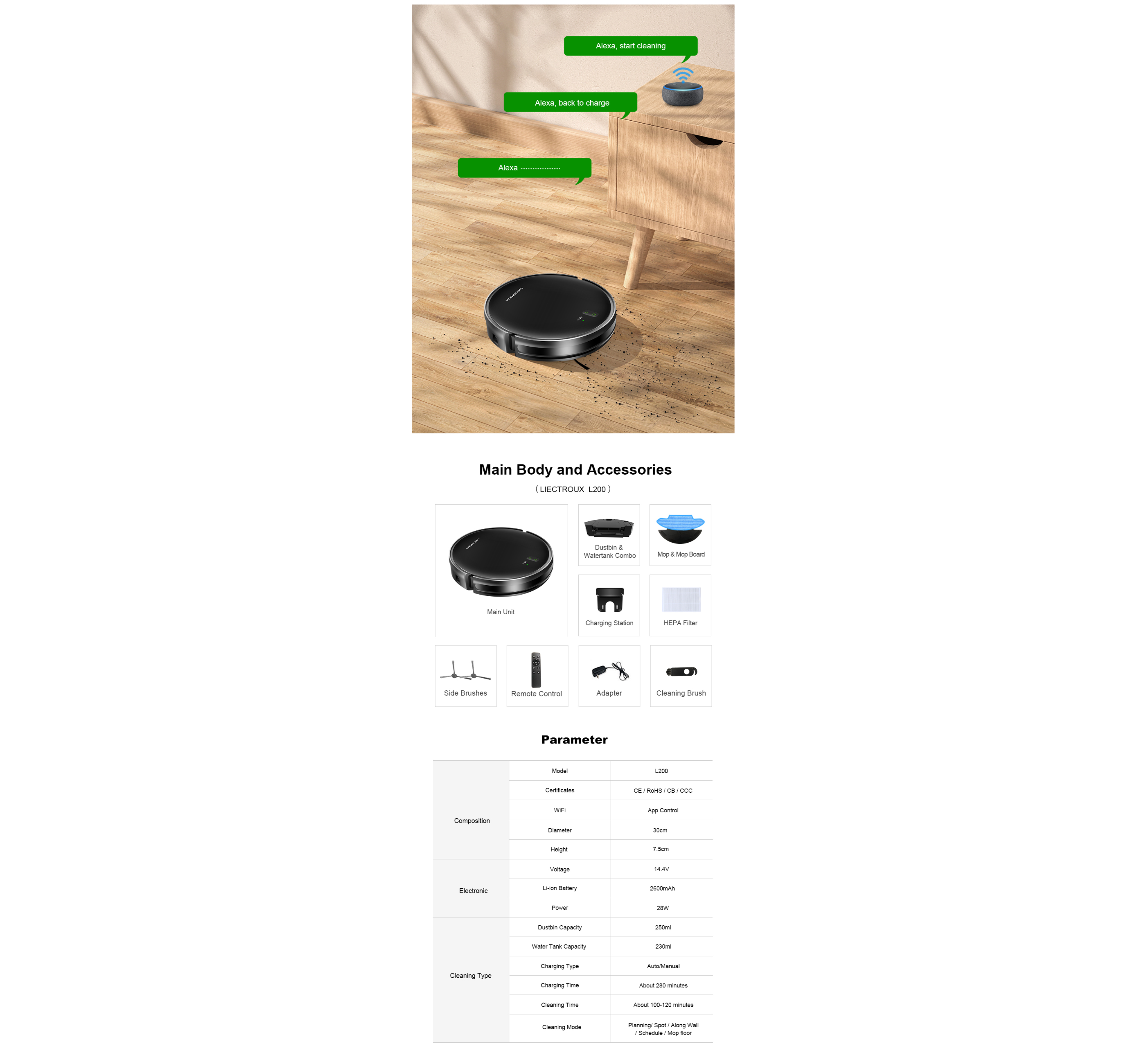 Diagramm eines Roboterstaubsaugers, Zubehörs und Spezifikationen. Der Staubsauger ist schwarz, das Zubehör enthalten.