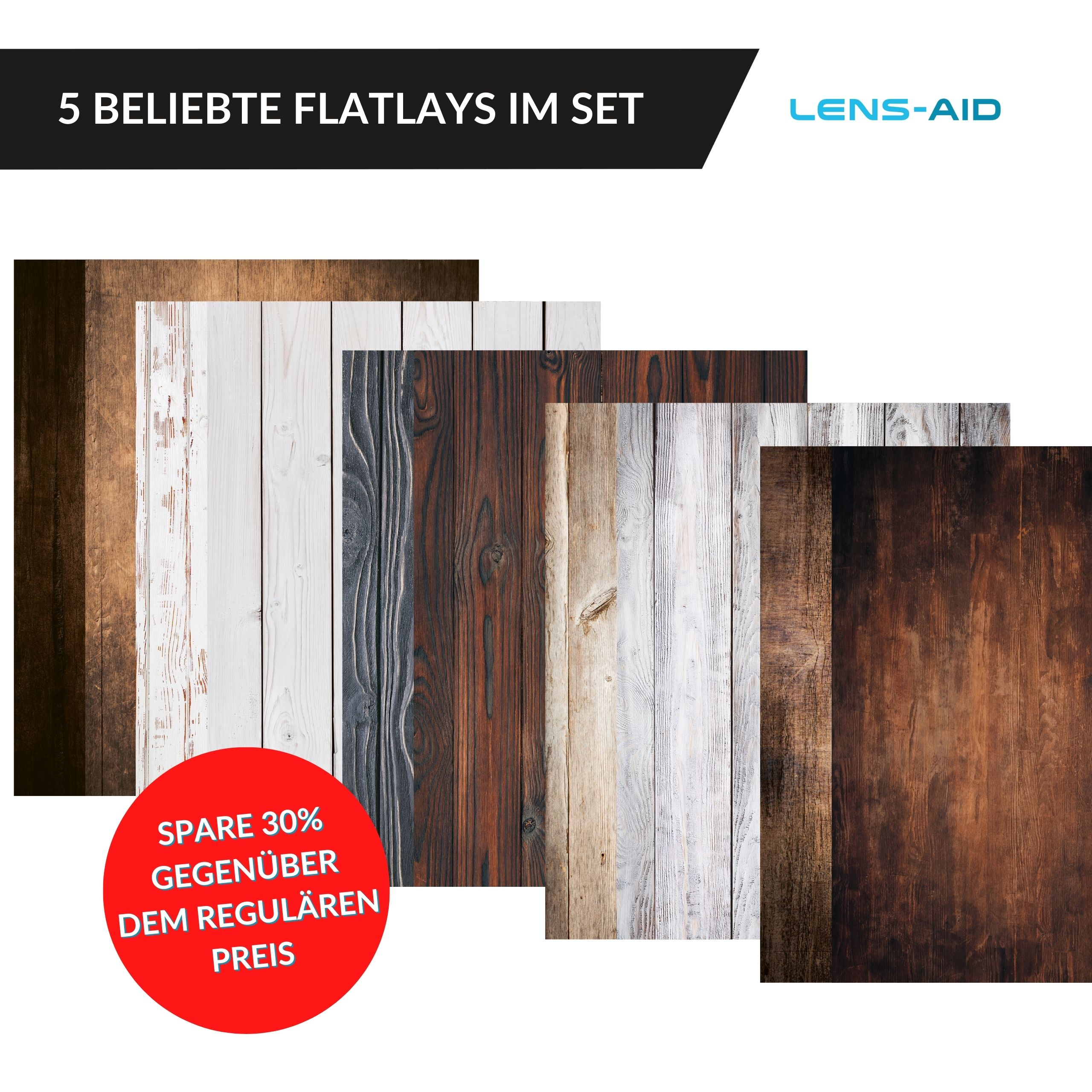 LENS-AID Flatlay 5er-Set Holz Design, passend Holz, Produktfotografie, Food Studiofotografie Makrofotografie, für Fotohintergrund, Fotografie