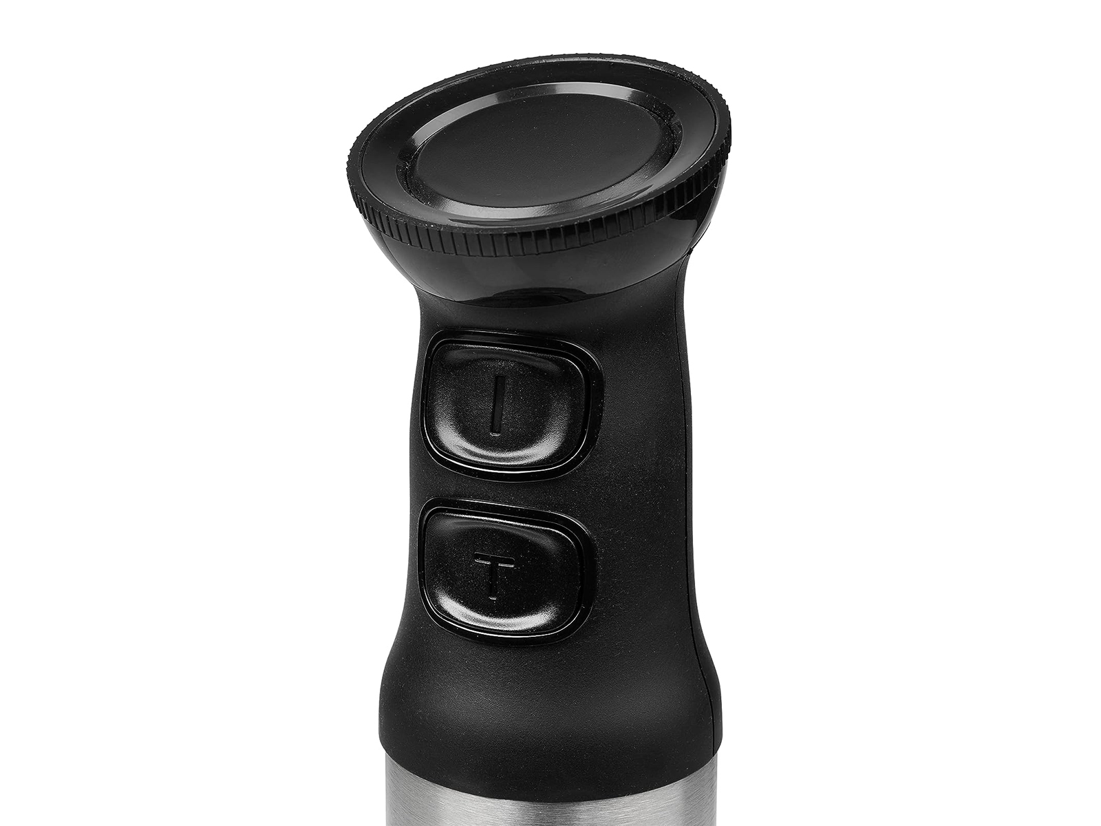 Zbliżenie czarnego uchwytu blendera ręcznego z dwoma przyciskami. Góra jest okrągła.