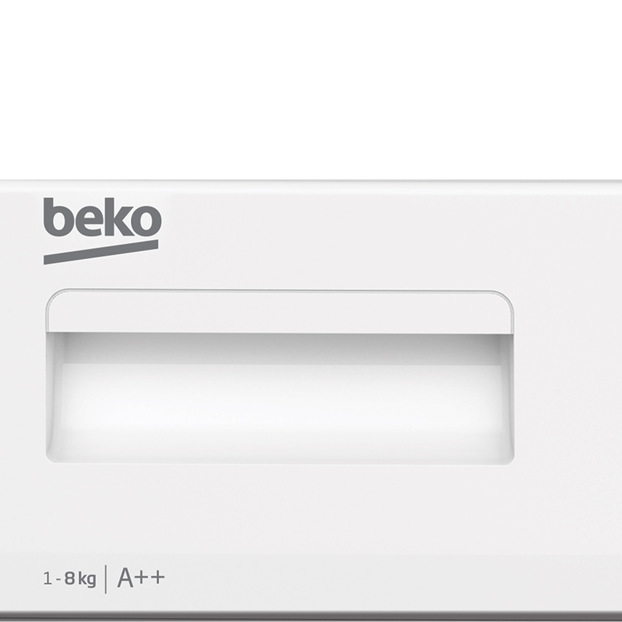 Weiße Waschmaschine mit rechteckiger Tür. Auf ihr steht beko und 1-8kg A++.