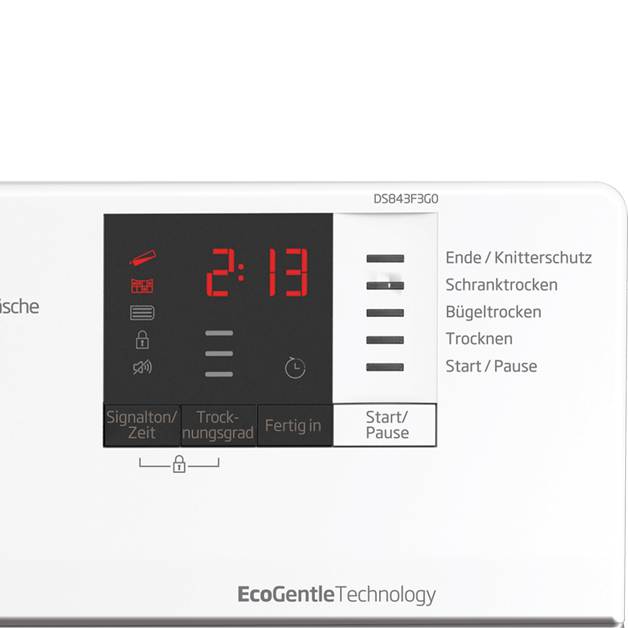 Nahaufnahme eines Waschmaschinen-Bedienfelds mit Digitalanzeige und Tasten.