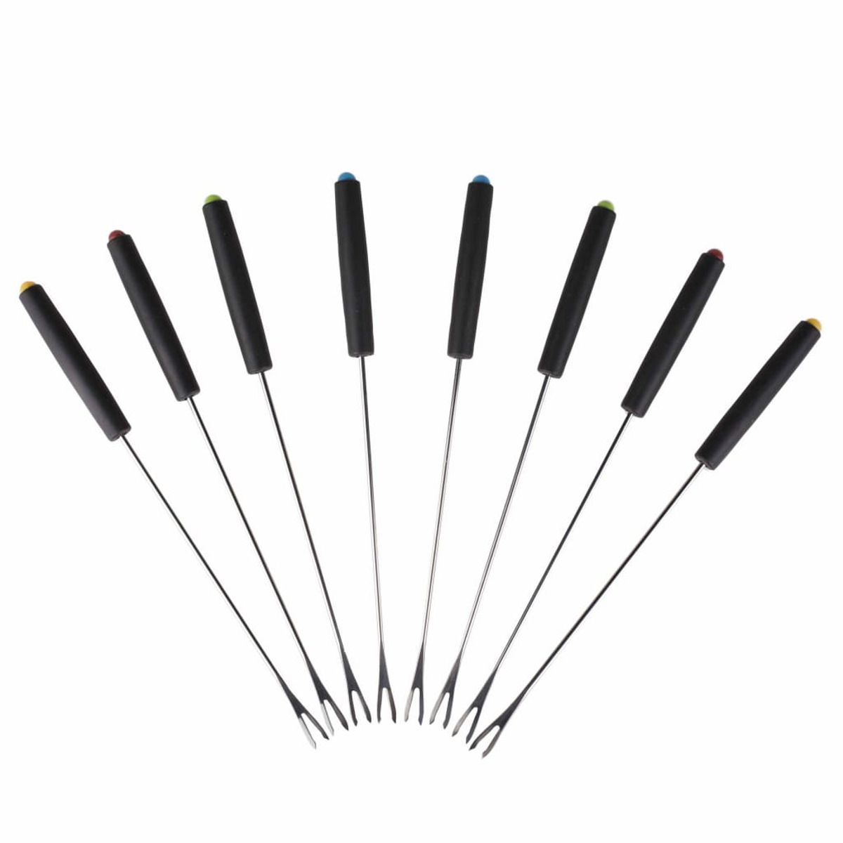 Zestaw widelców do fondue z czarnymi uchwytami i kolorowymi końcówkami, ułożonych wachlarzem.