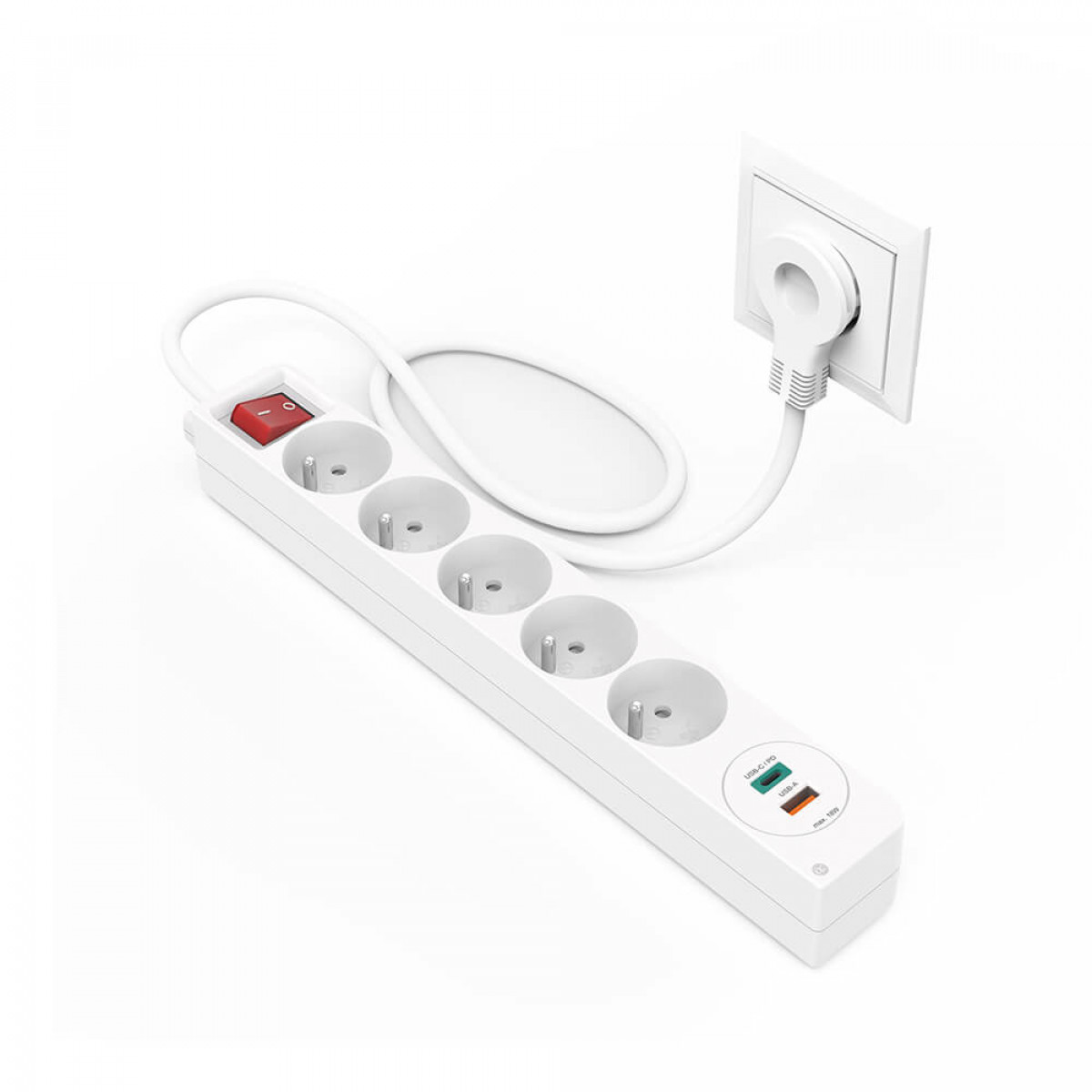 Biała listwa zasilająca z 5 gniazdami. Wtyczka jest włożona.