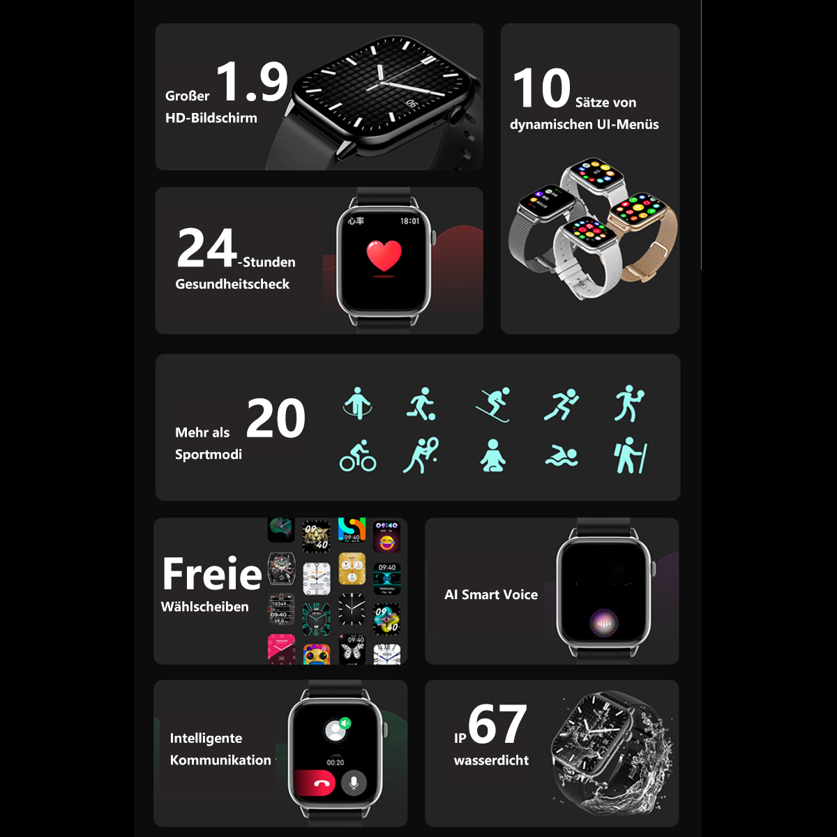 Infografía sobre un smartwatch mostrando varias funciones.