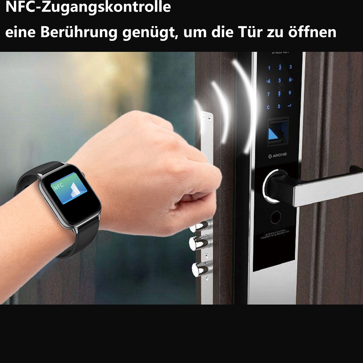 Una persona usando un smartwatch para desbloquear una puerta con escáner de huellas dactilares.