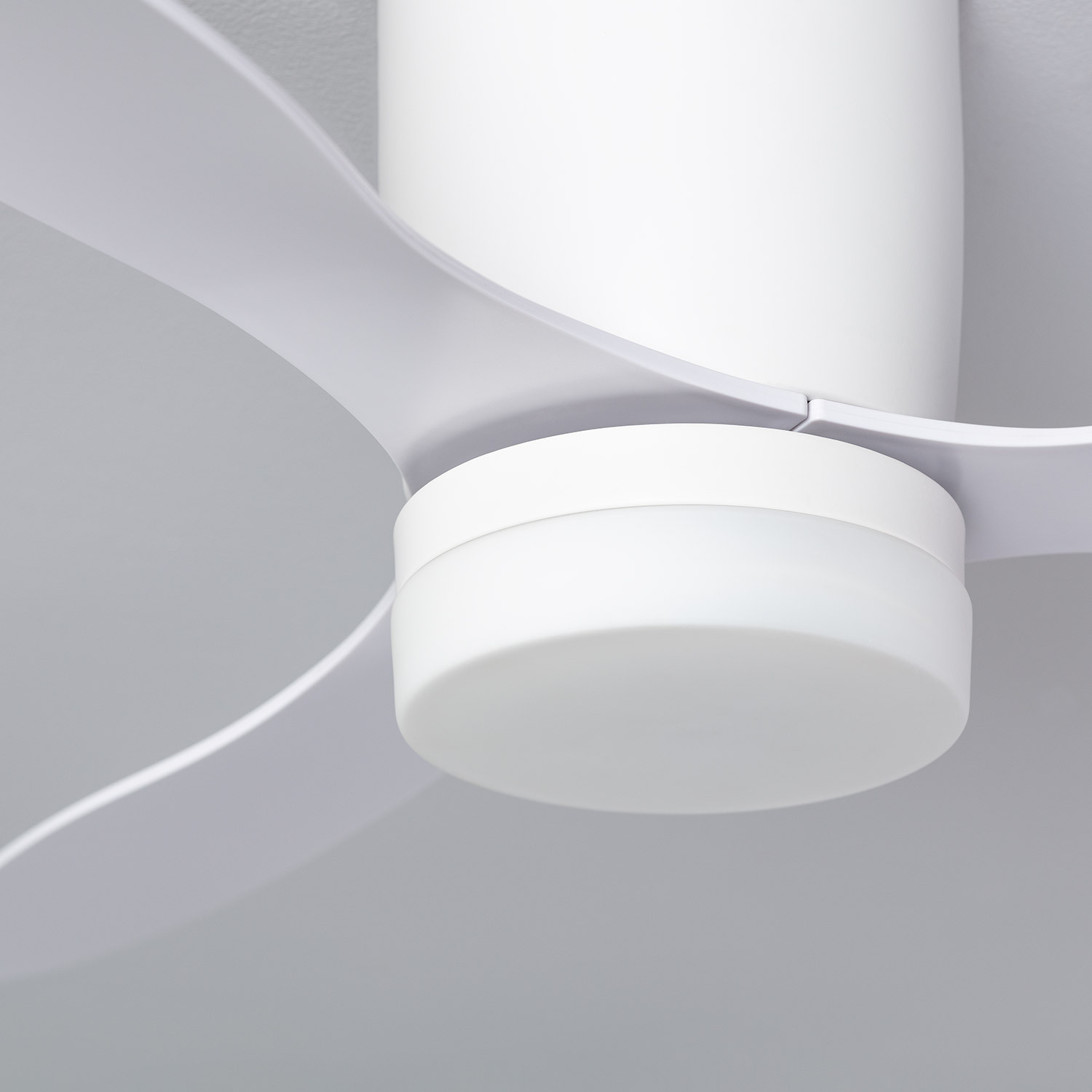Primo piano di un ventilatore da soffitto bianco. Le pale sono curve.