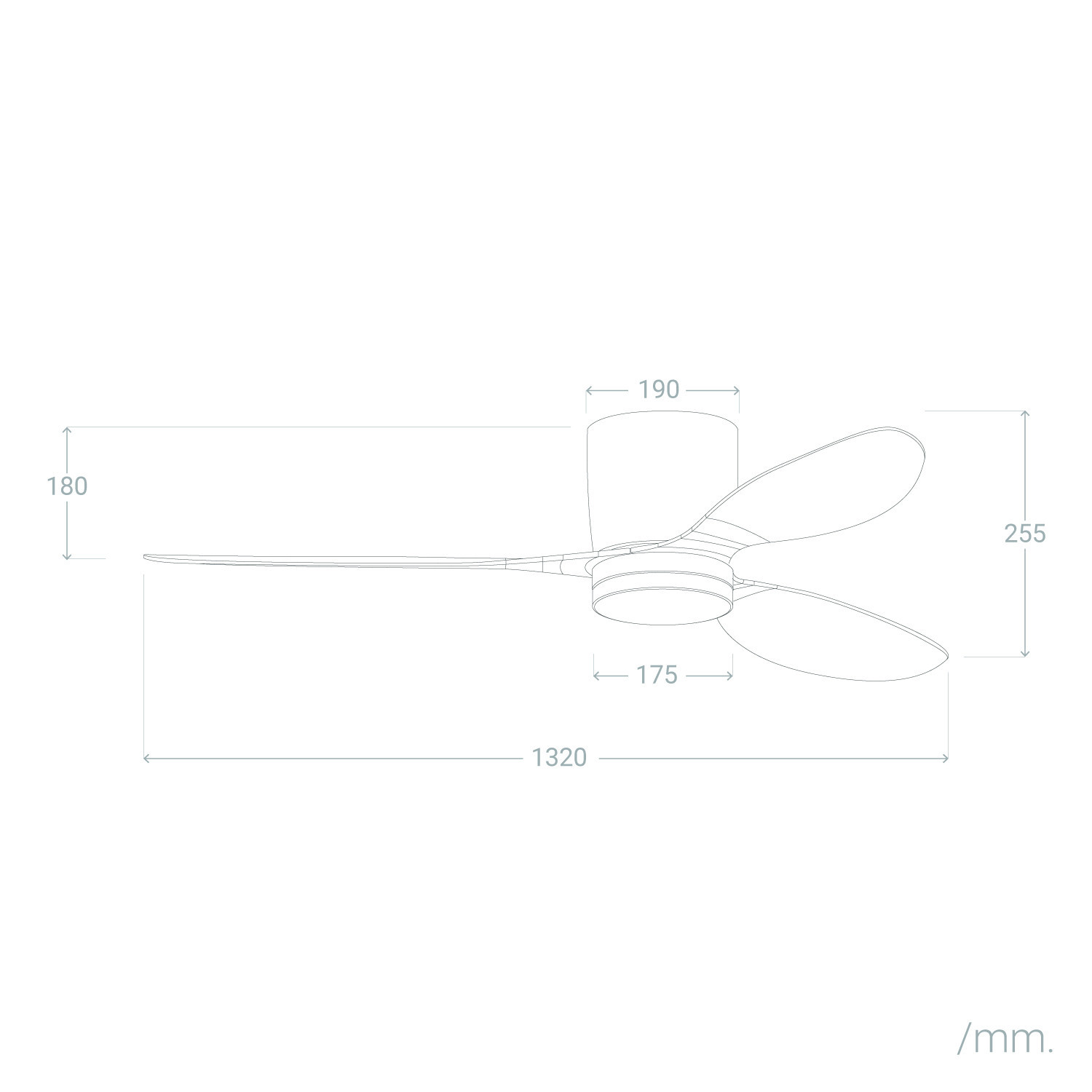 Diagramma di un ventilatore da soffitto con dimensioni, che mostra le pale e le dimensioni complessive in mm.