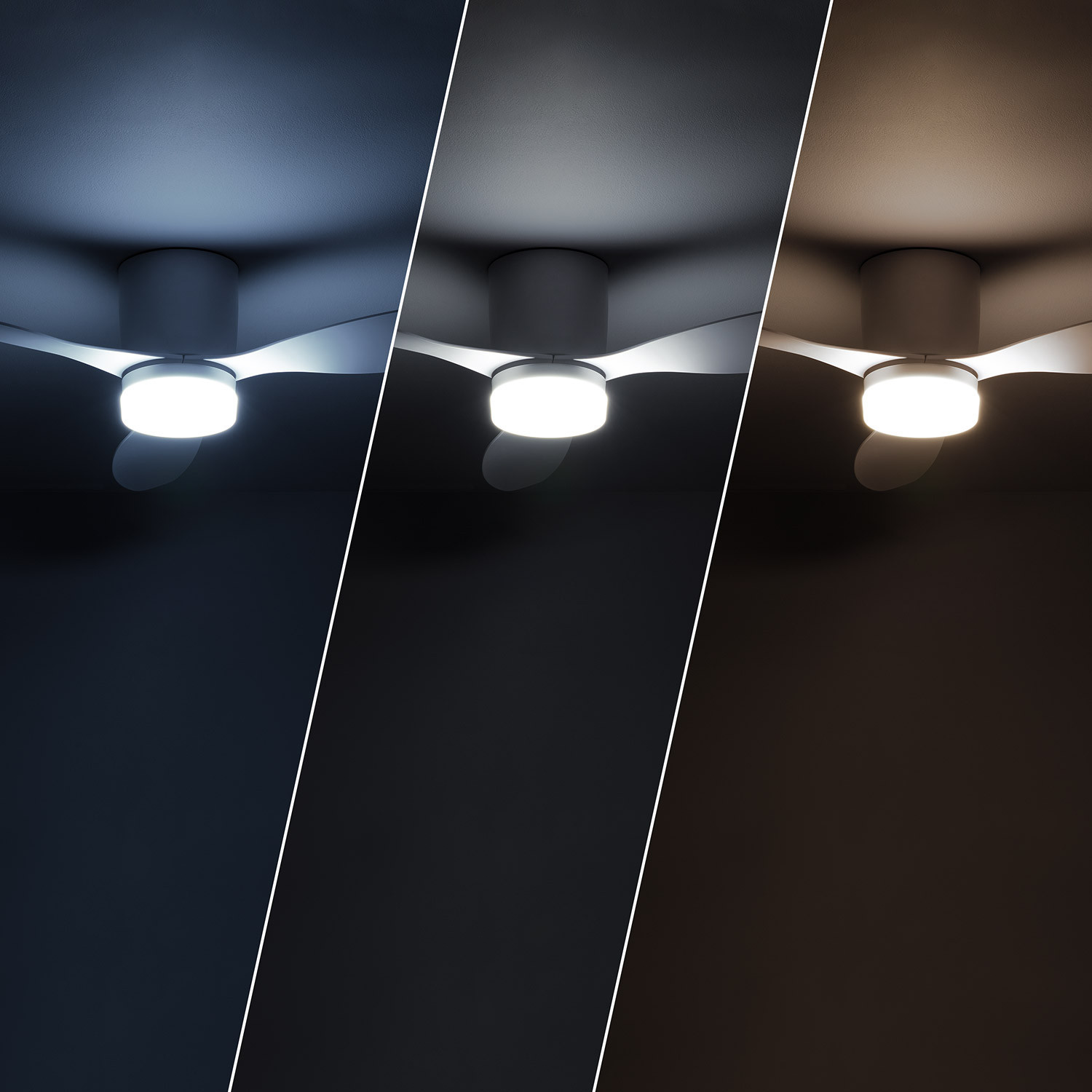 Ventilatore da soffitto con tre diverse modalità di illuminazione.