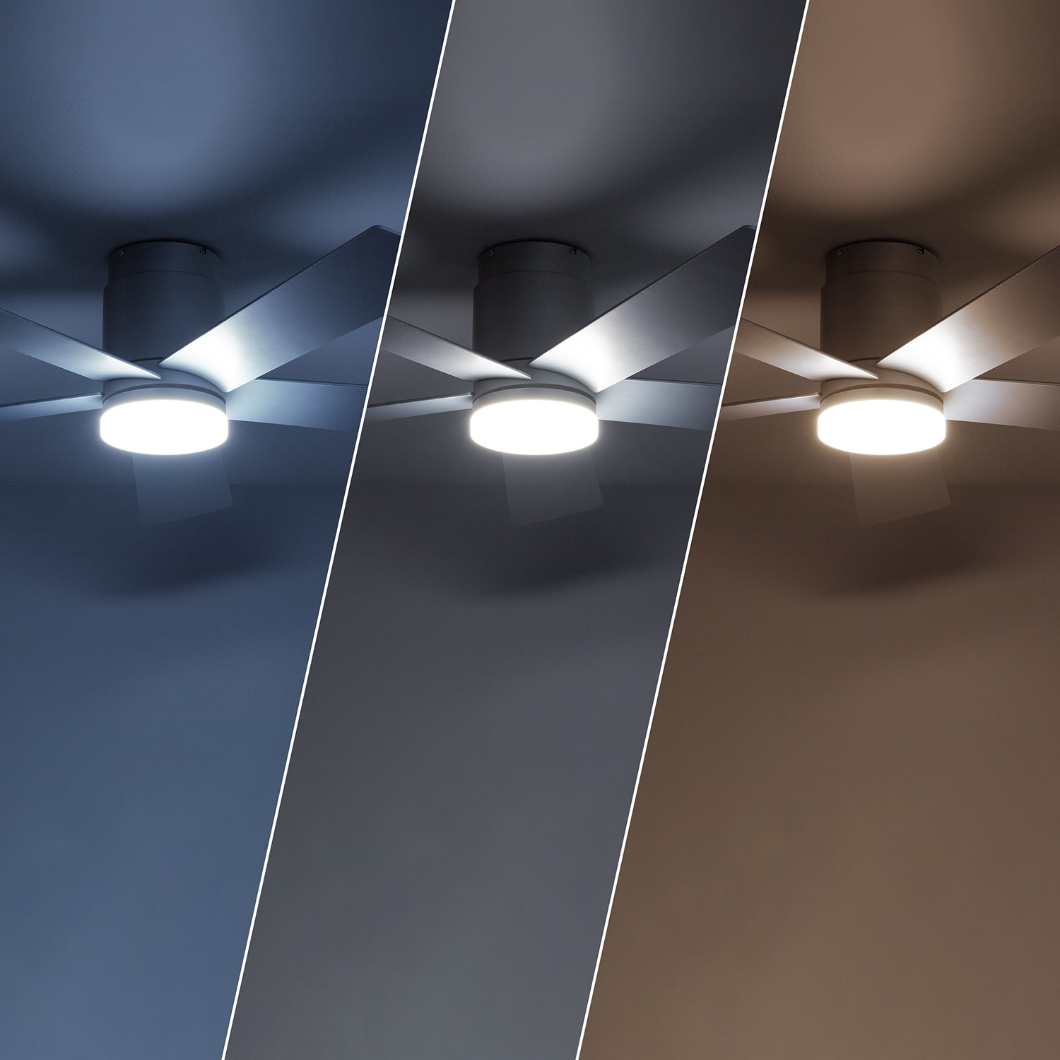 Ventilatore da soffitto con luce. L'immagine mostra diverse opzioni di temperatura colore: blu, bianco e marrone.