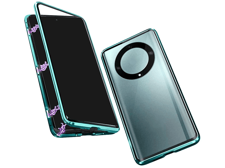 WIGENTO Beidseitiger 360 Grad Magnet Glas Hülle, Full Cover, Honor, Magic 5 Lite, Grün / Transparent