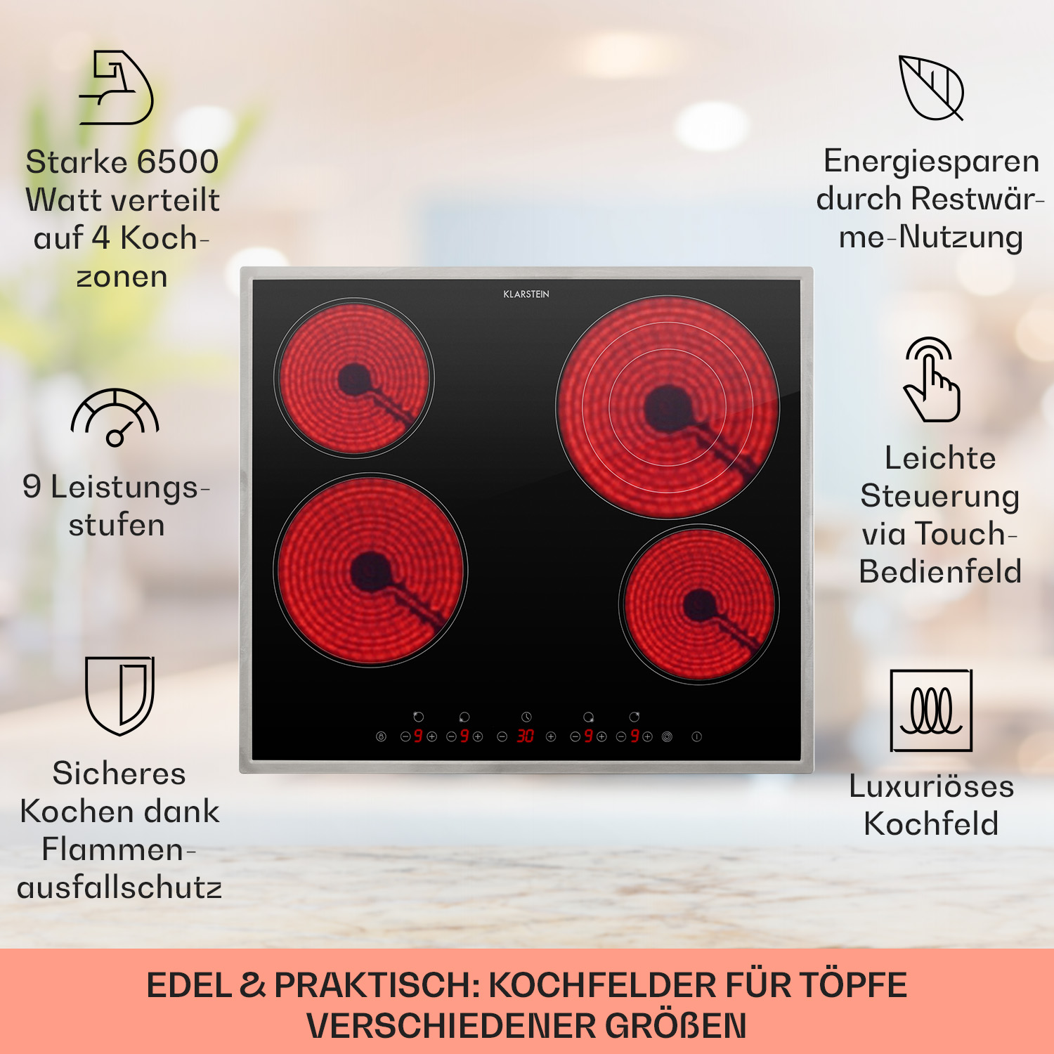 Ein schwarzes Induktionskochfeld mit vier roten Heizzonen und mehreren Symbolen.