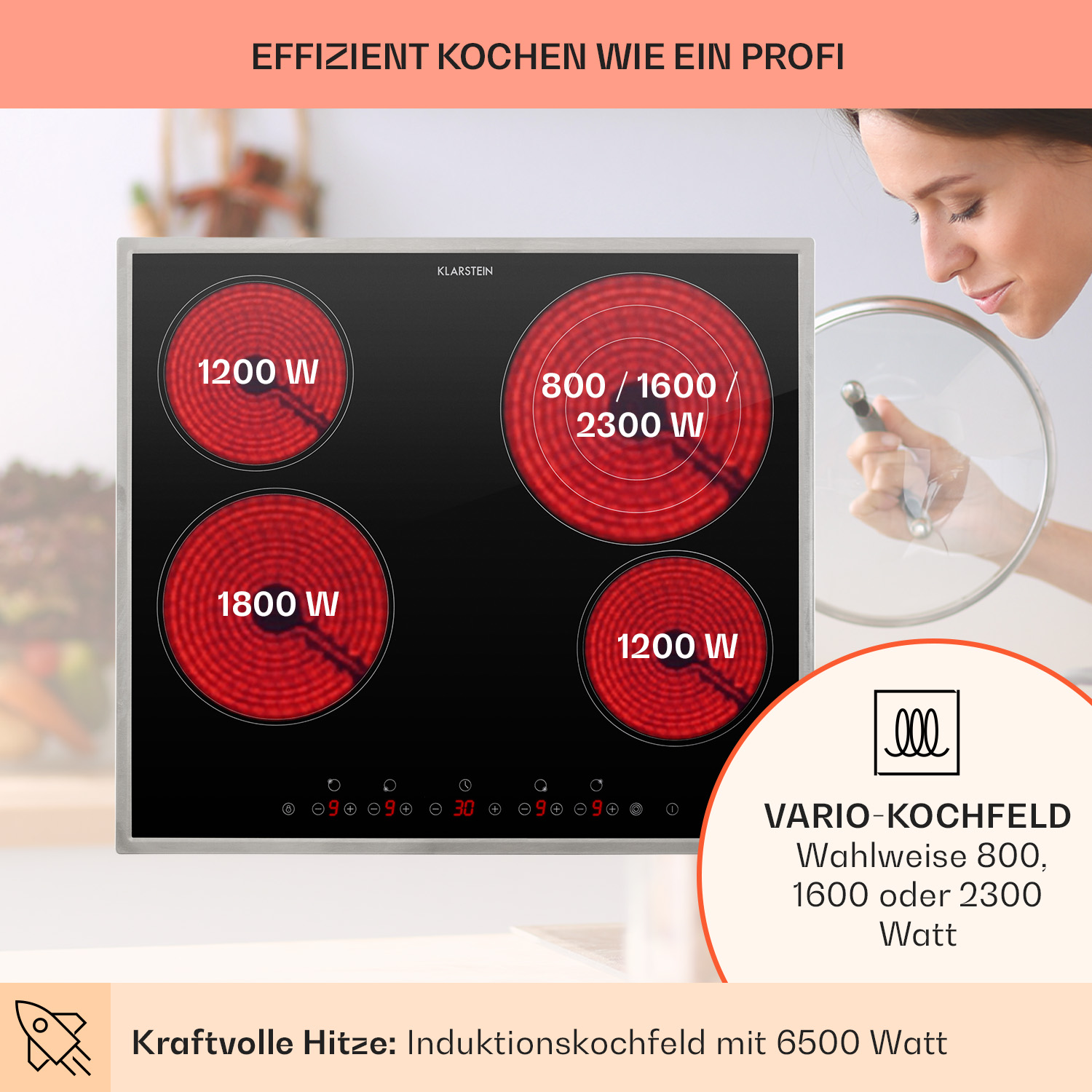 Ein Induktionskochfeld mit vier roten Heizelementen, eine Frau und Text.