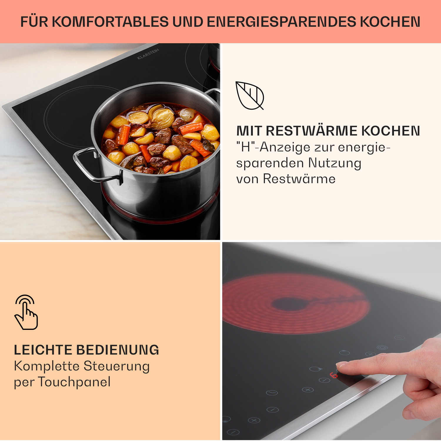 Bild zeigt ein Induktionskochfeld mit Kochtopf. Touch-Panel-Bedienelemente und Details zu den Funktionen.