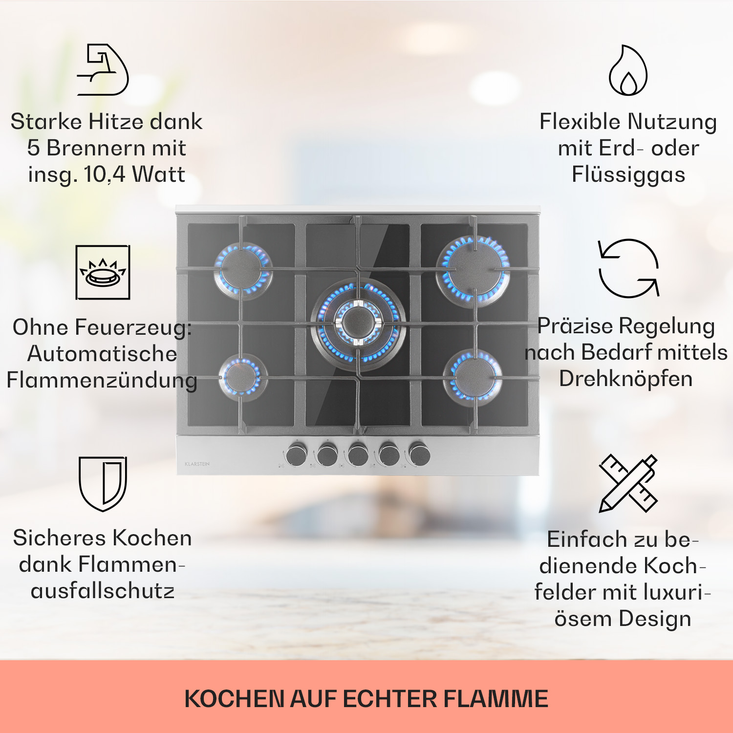 Schwarzes Kochfeld mit blauen Flammen. Textbeschreibungen der Funktionen sind im Hintergrund.